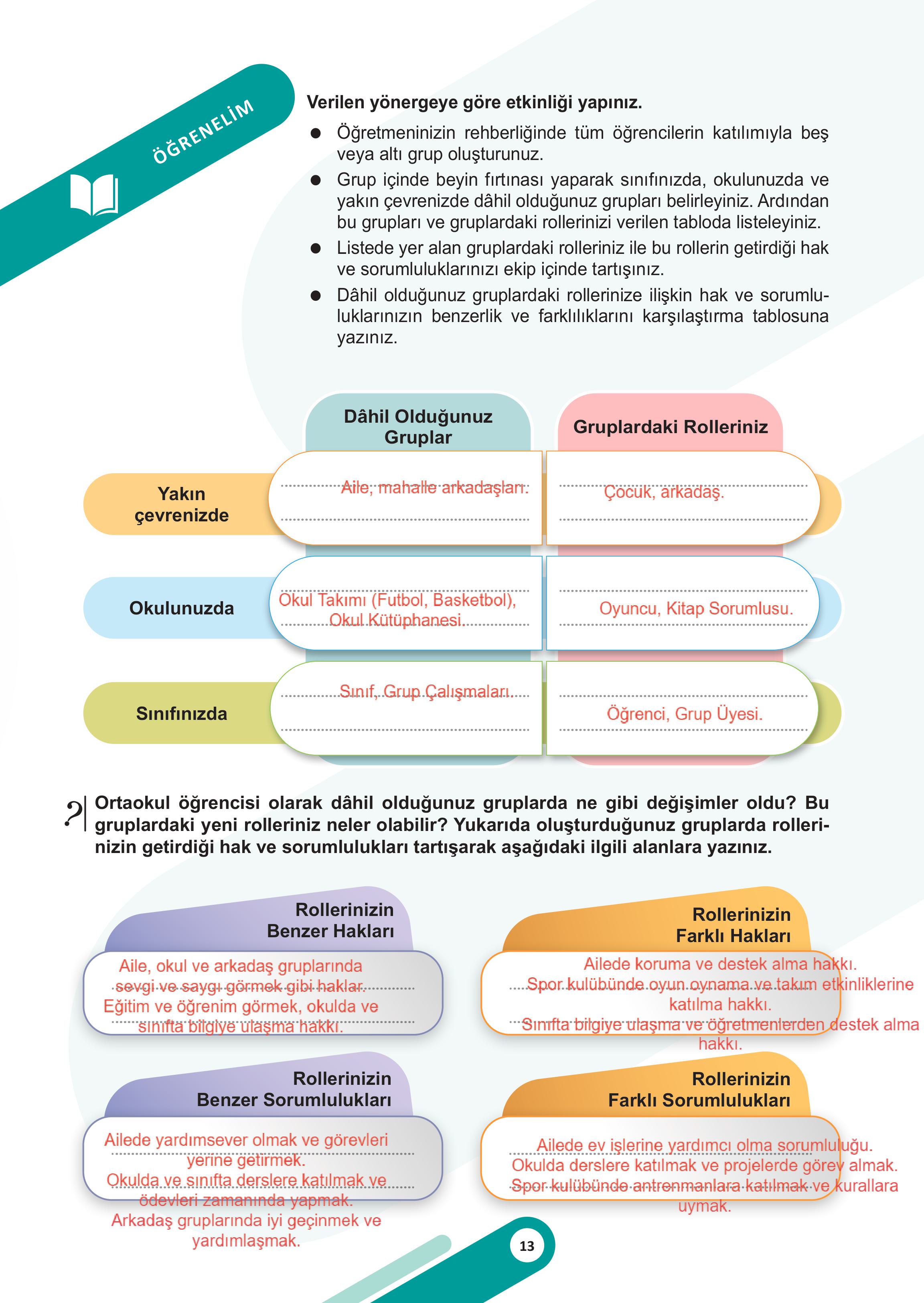 5. Sınıf Meb Yayınları Sosyal Bilgiler Ders Kitabı 1. Kitap Sayfa 13 Cevapları