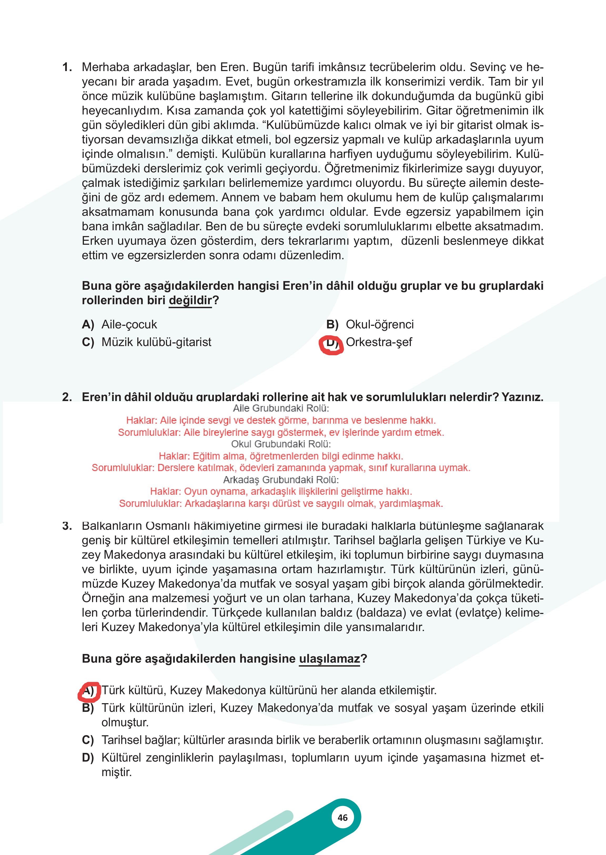 5. Sınıf Meb Yayınları Sosyal Bilgiler Ders Kitabı 1. Kitap Sayfa 46 Cevapları