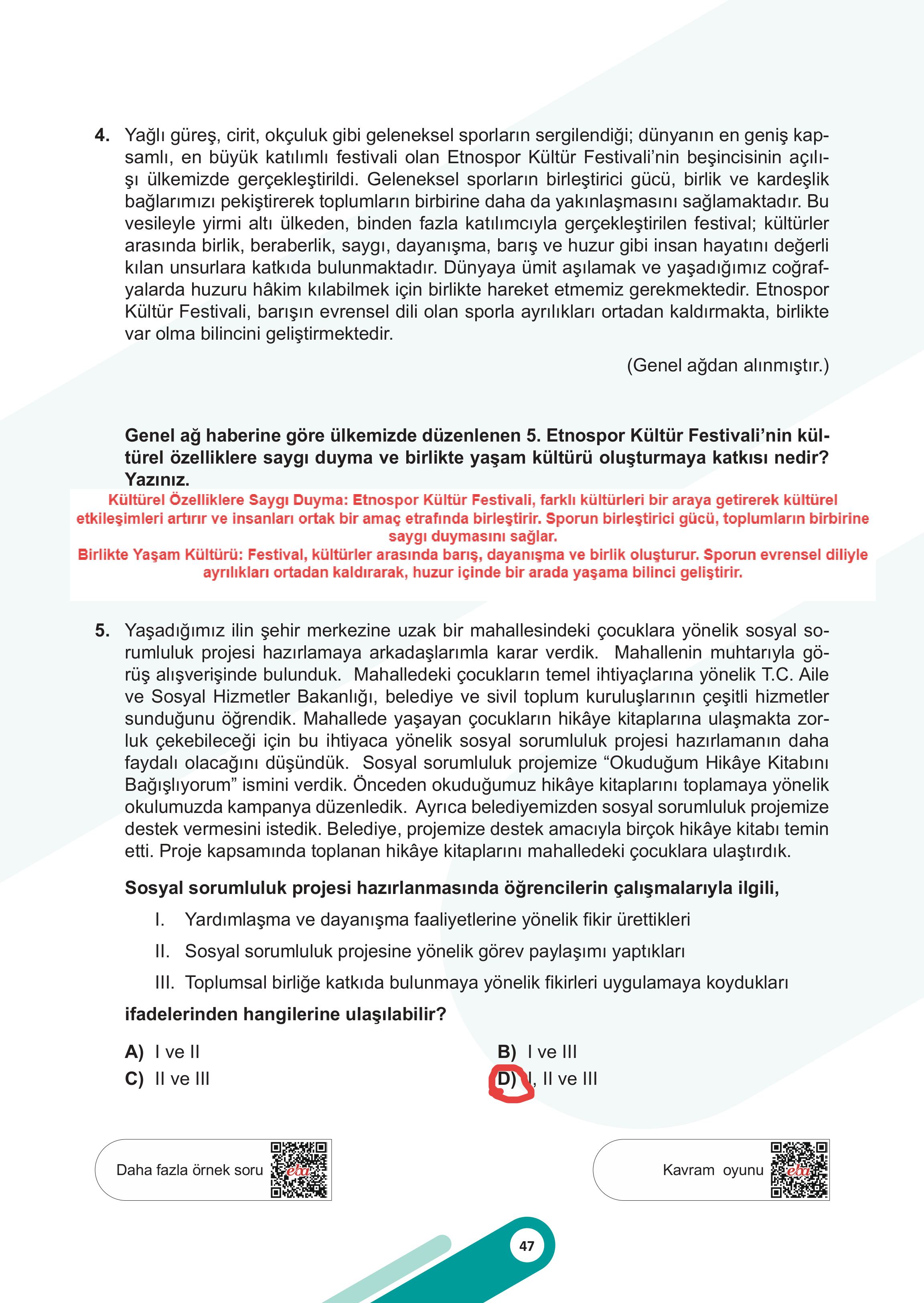 5. Sınıf Meb Yayınları Sosyal Bilgiler Ders Kitabı 1. Kitap Sayfa 47 Cevapları