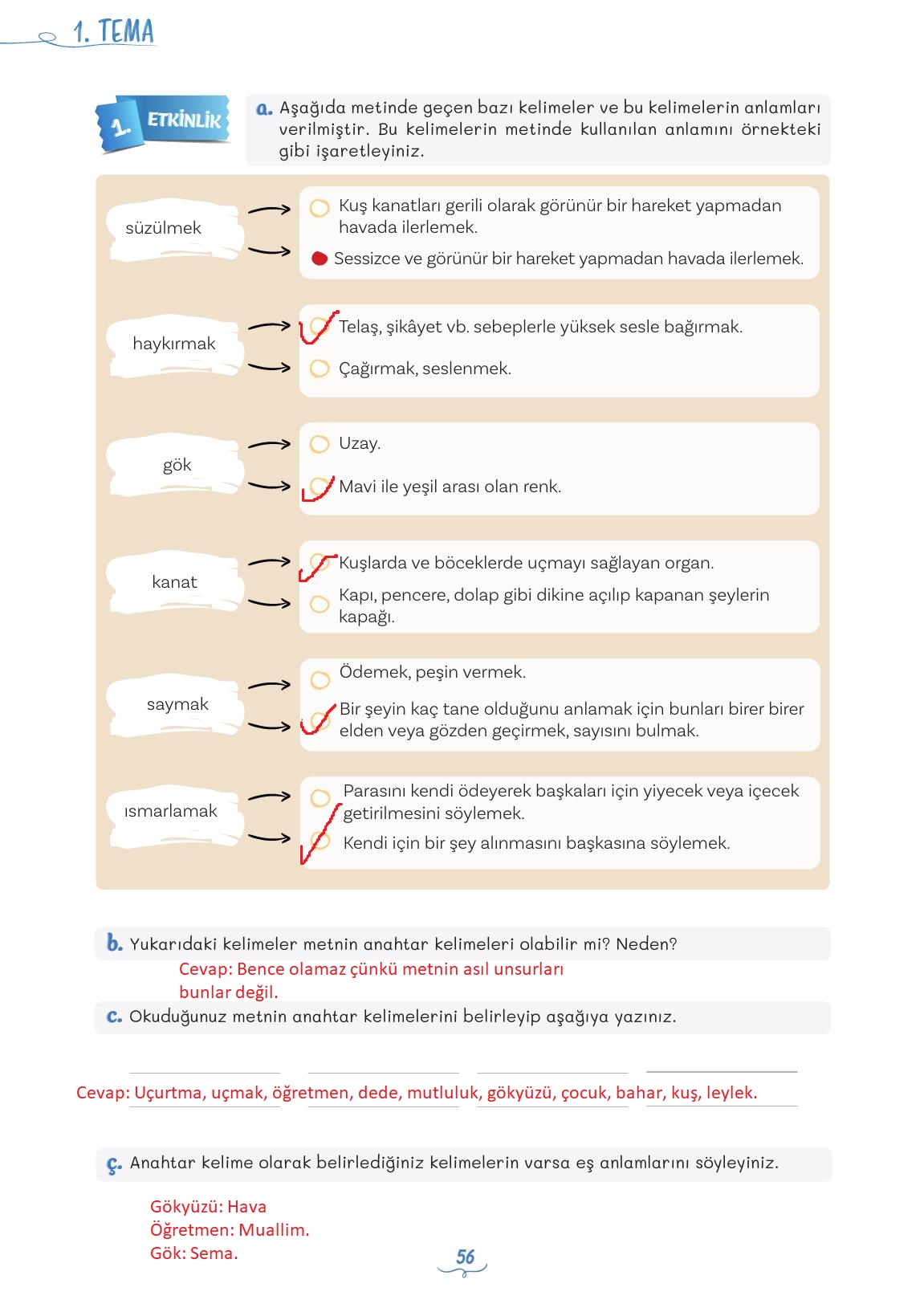 5. Sınıf Meb Yayınları Türkçe Ders Kitabı 1. Kitap Sayfa 56 Cevapları