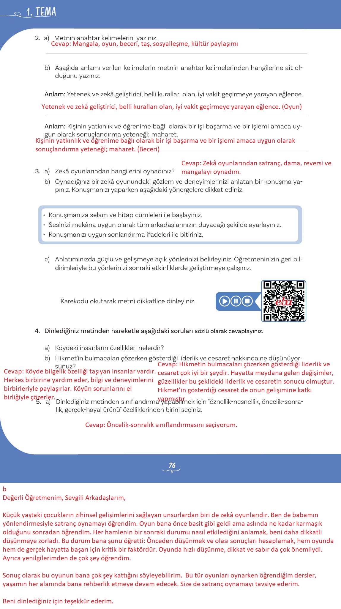 5. Sınıf Meb Yayınları Türkçe Ders Kitabı 1. Kitap Sayfa 76 Cevapları