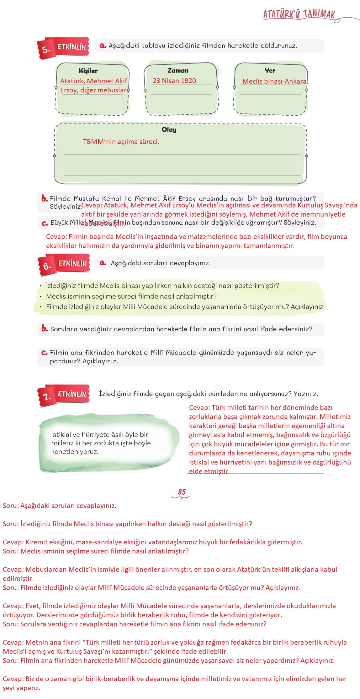 5. Sınıf Meb Yayınları Türkçe Ders Kitabı 1. Kitap Sayfa 85 Cevapları