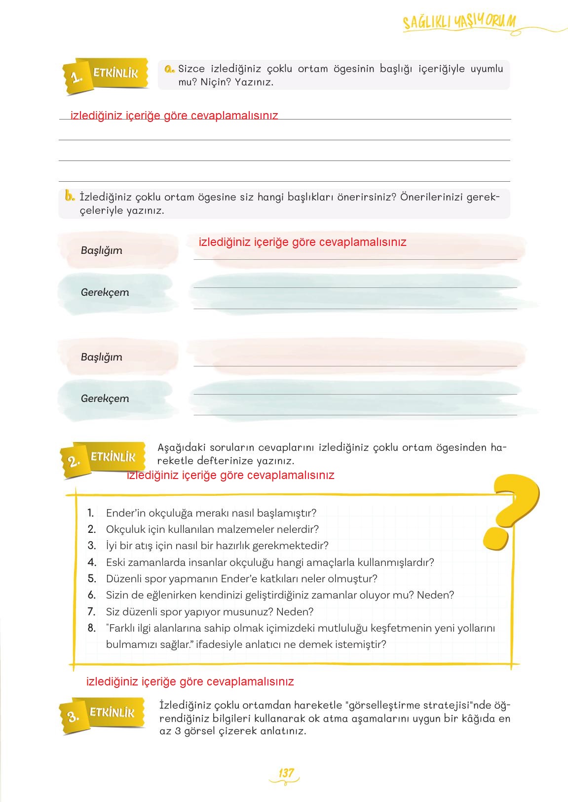 5. Sınıf Meb Yayınları Türkçe Ders Kitabı 2. Kitap Sayfa 137 Cevapları