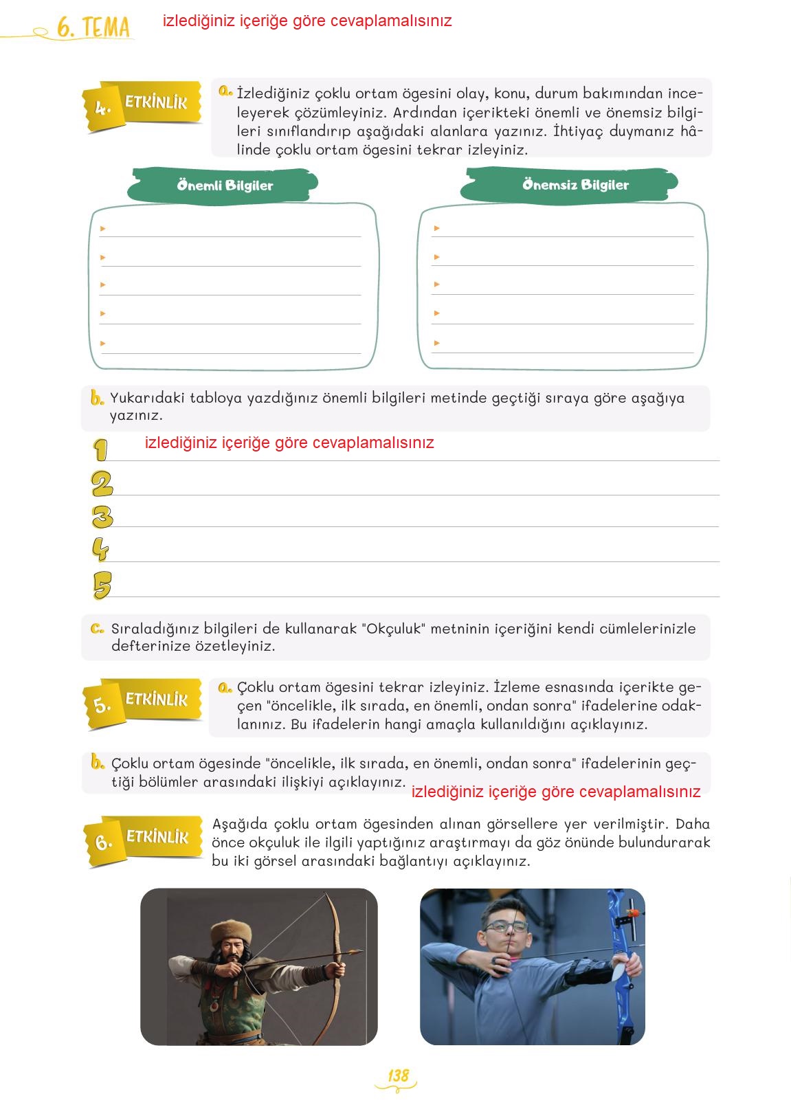 5. Sınıf Meb Yayınları Türkçe Ders Kitabı 2. Kitap Sayfa 138 Cevapları