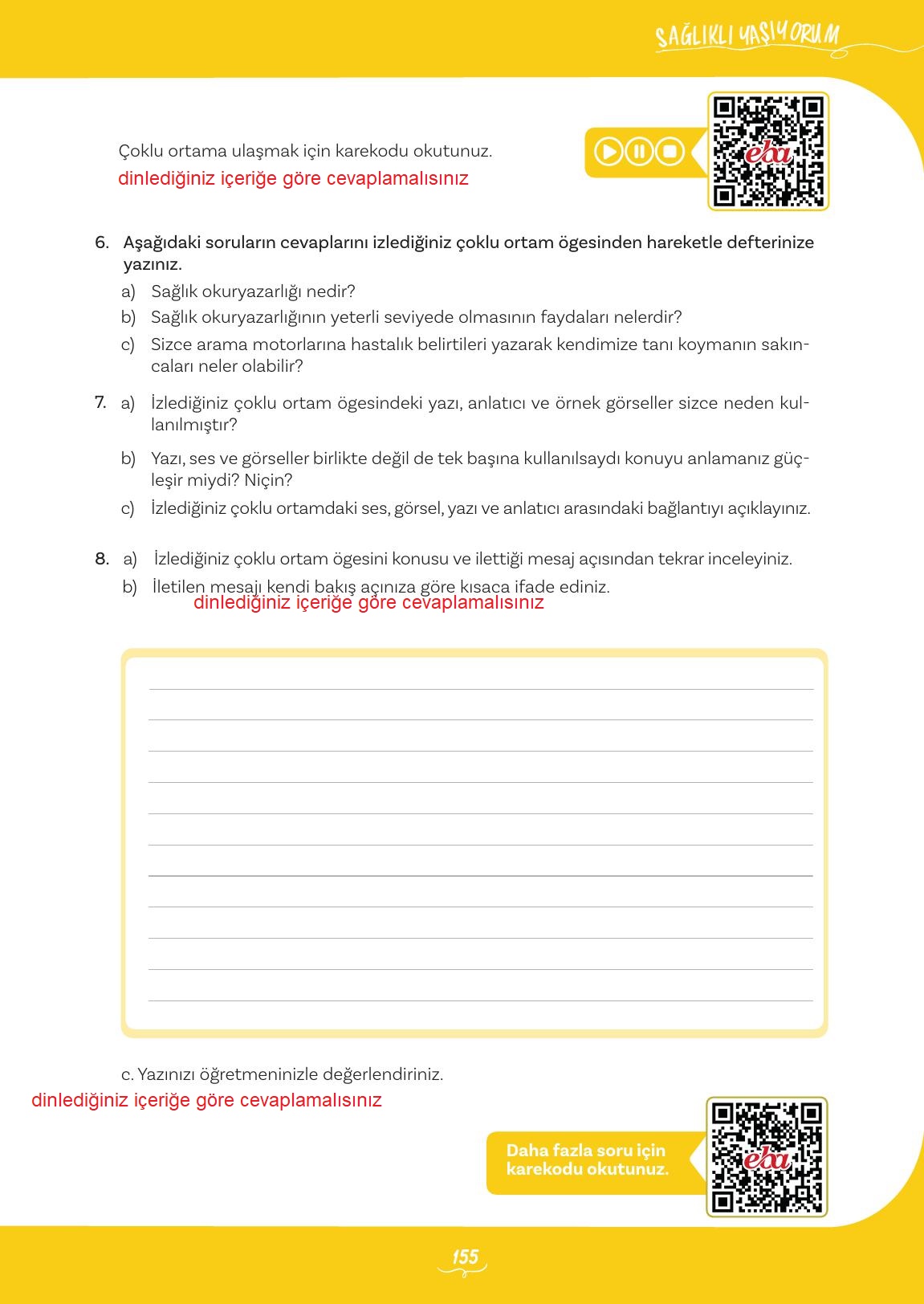 5. Sınıf Meb Yayınları Türkçe Ders Kitabı 2. Kitap Sayfa 155 Cevapları