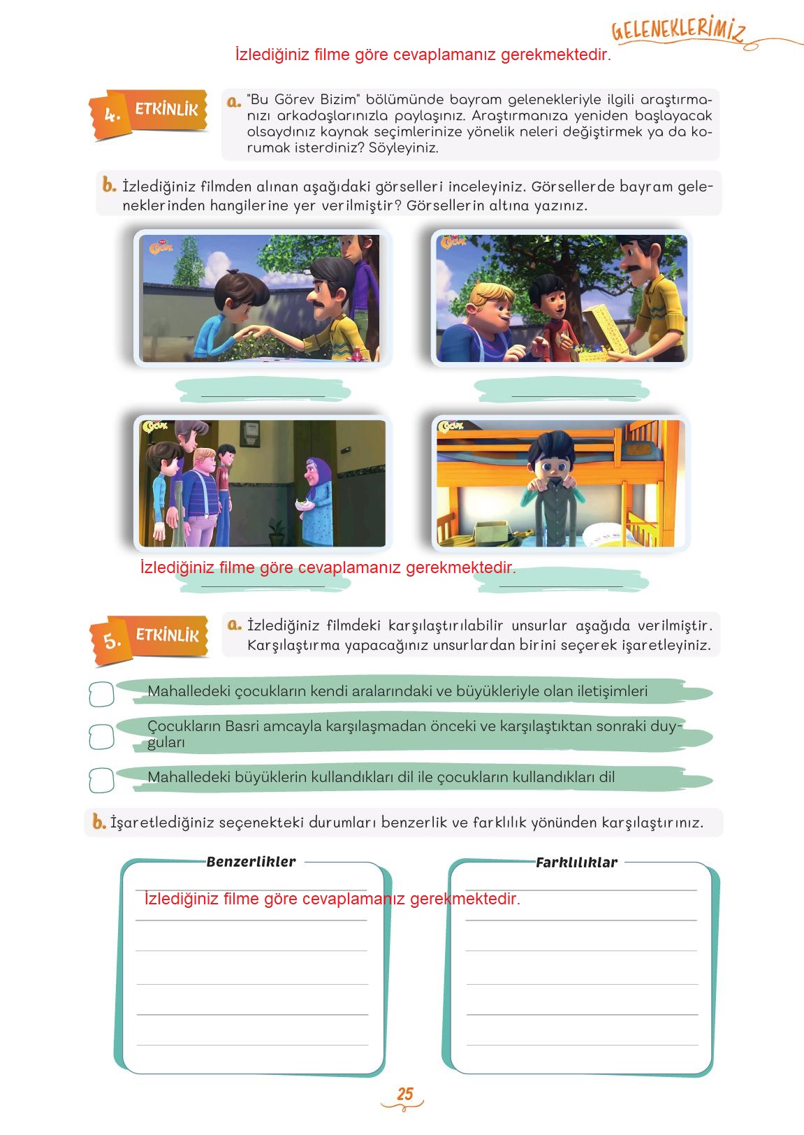 5. Sınıf Meb Yayınları Türkçe Ders Kitabı 2. Kitap Sayfa 25 Cevapları