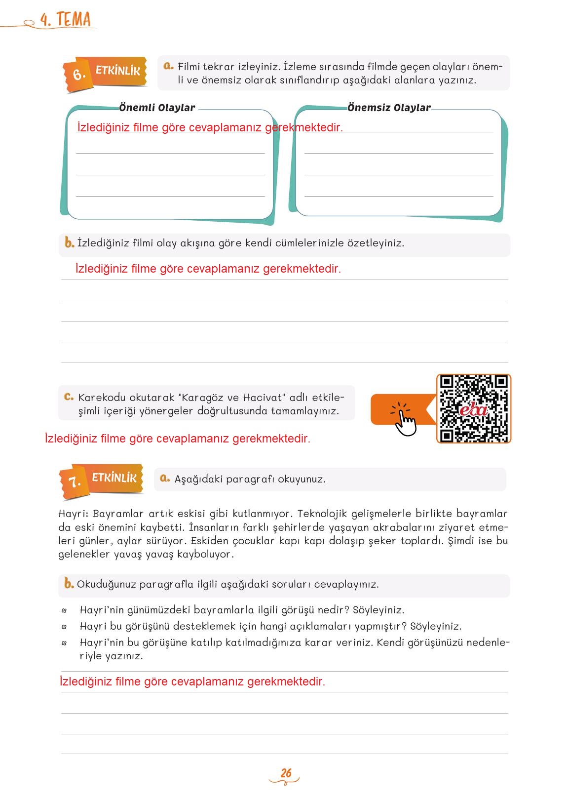 5. Sınıf Meb Yayınları Türkçe Ders Kitabı 2. Kitap Sayfa 26 Cevapları
