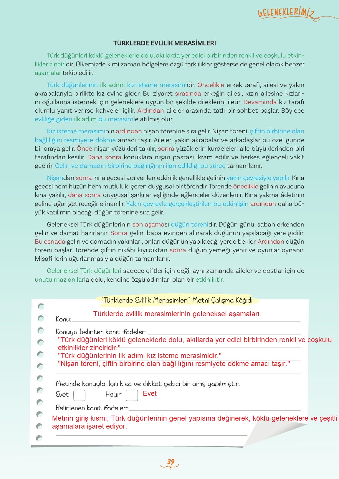 5. Sınıf Meb Yayınları Türkçe Ders Kitabı 2. Kitap Sayfa 39 Cevapları