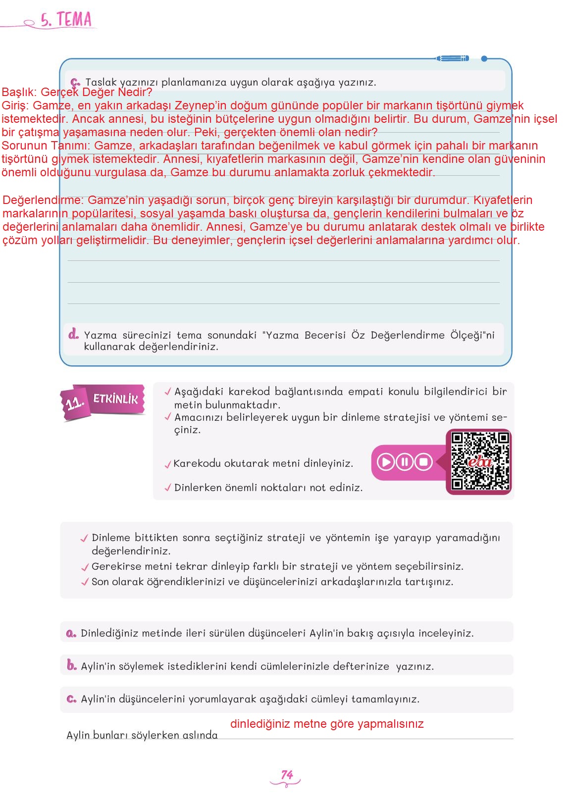 5. Sınıf Meb Yayınları Türkçe Ders Kitabı 2. Kitap Sayfa 74 Cevapları