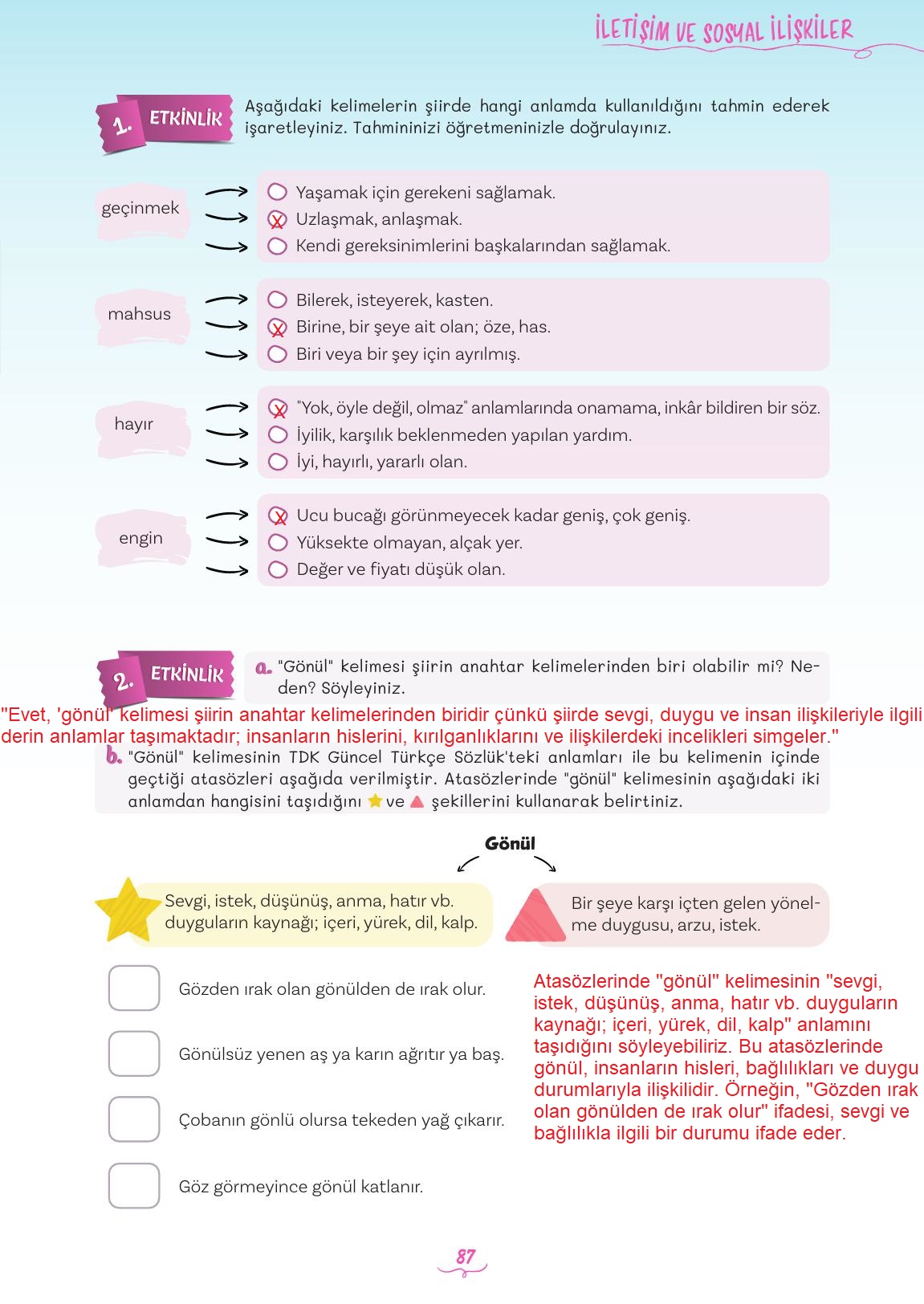 5. Sınıf Meb Yayınları Türkçe Ders Kitabı 2. Kitap Sayfa 87 Cevapları