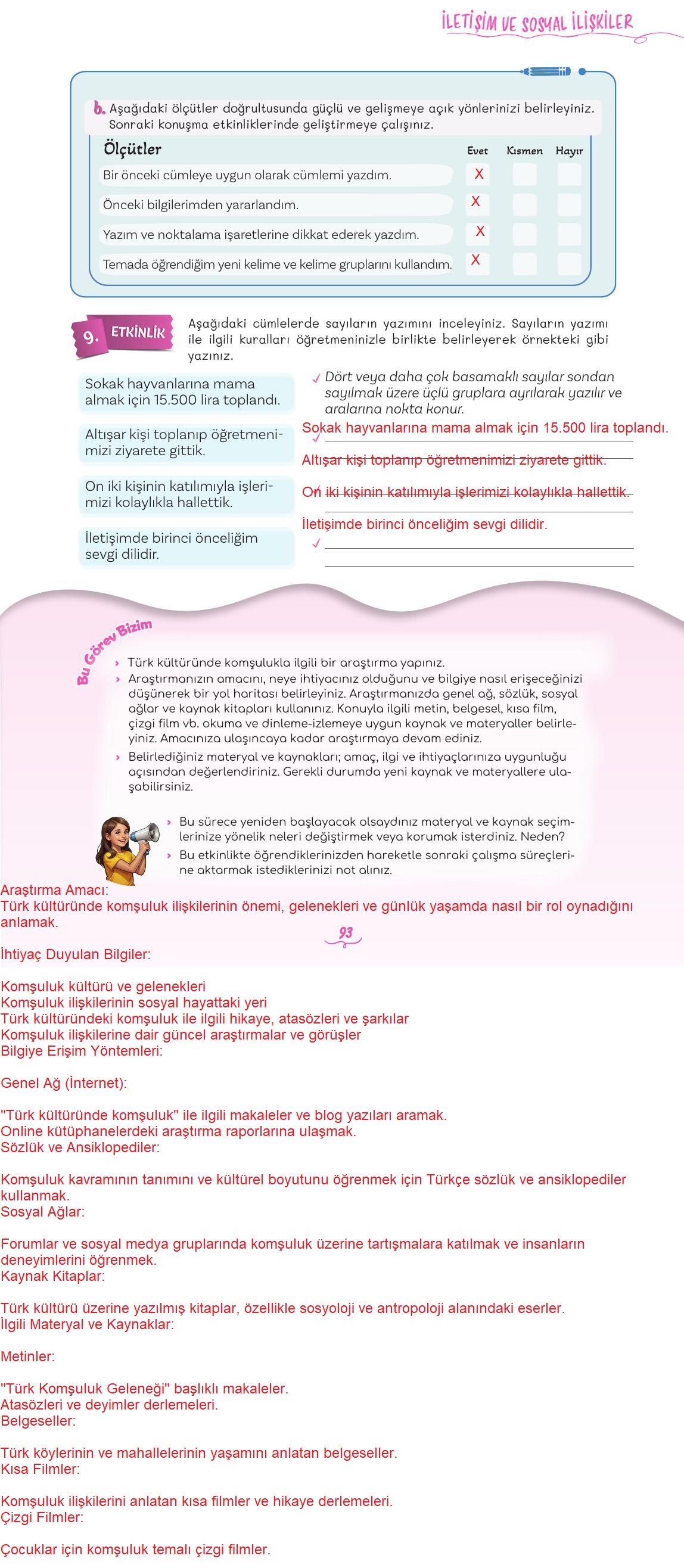 5. Sınıf Meb Yayınları Türkçe Ders Kitabı 2. Kitap Sayfa 93 Cevapları