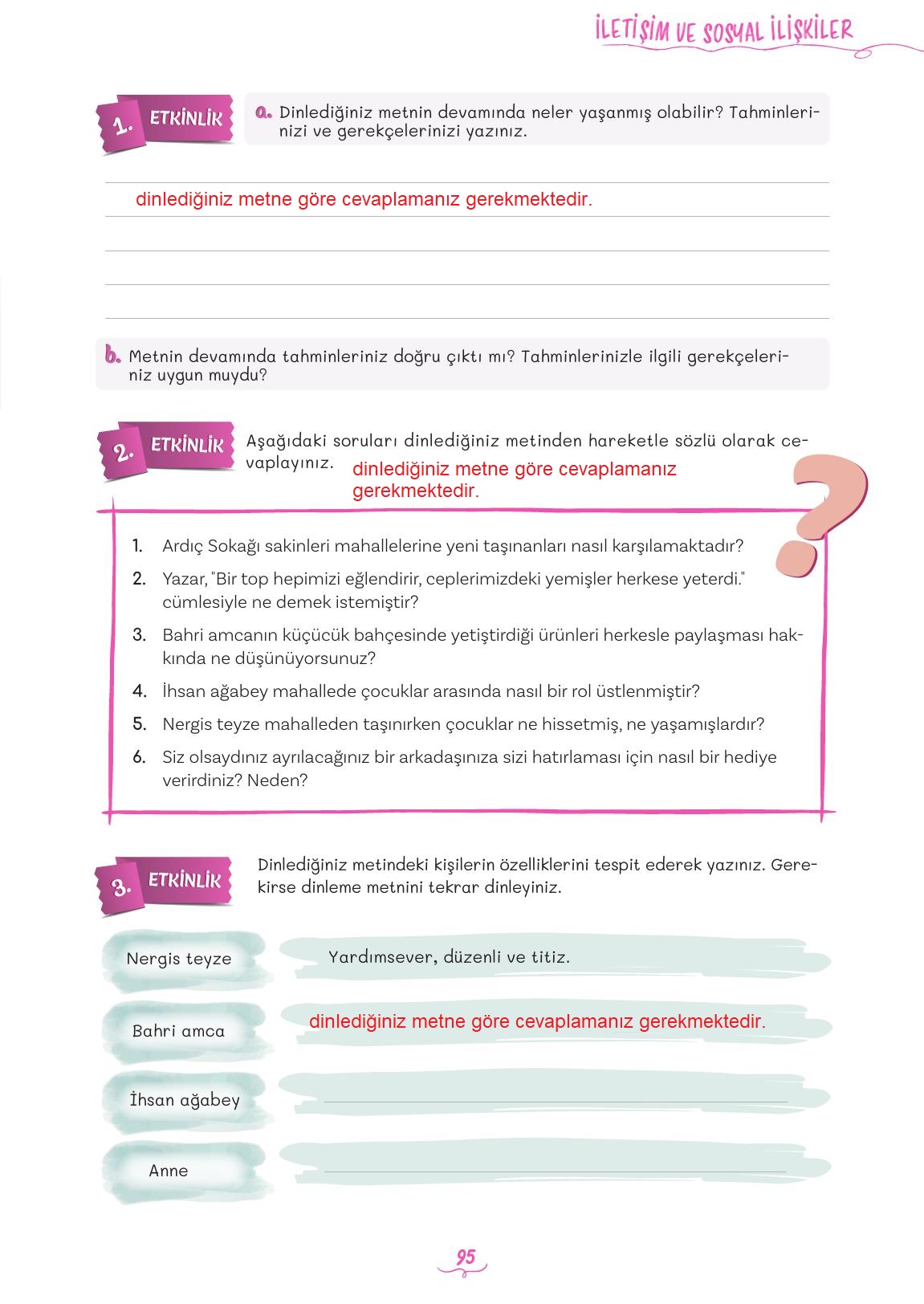 5. Sınıf Meb Yayınları Türkçe Ders Kitabı 2. Kitap Sayfa 95 Cevapları