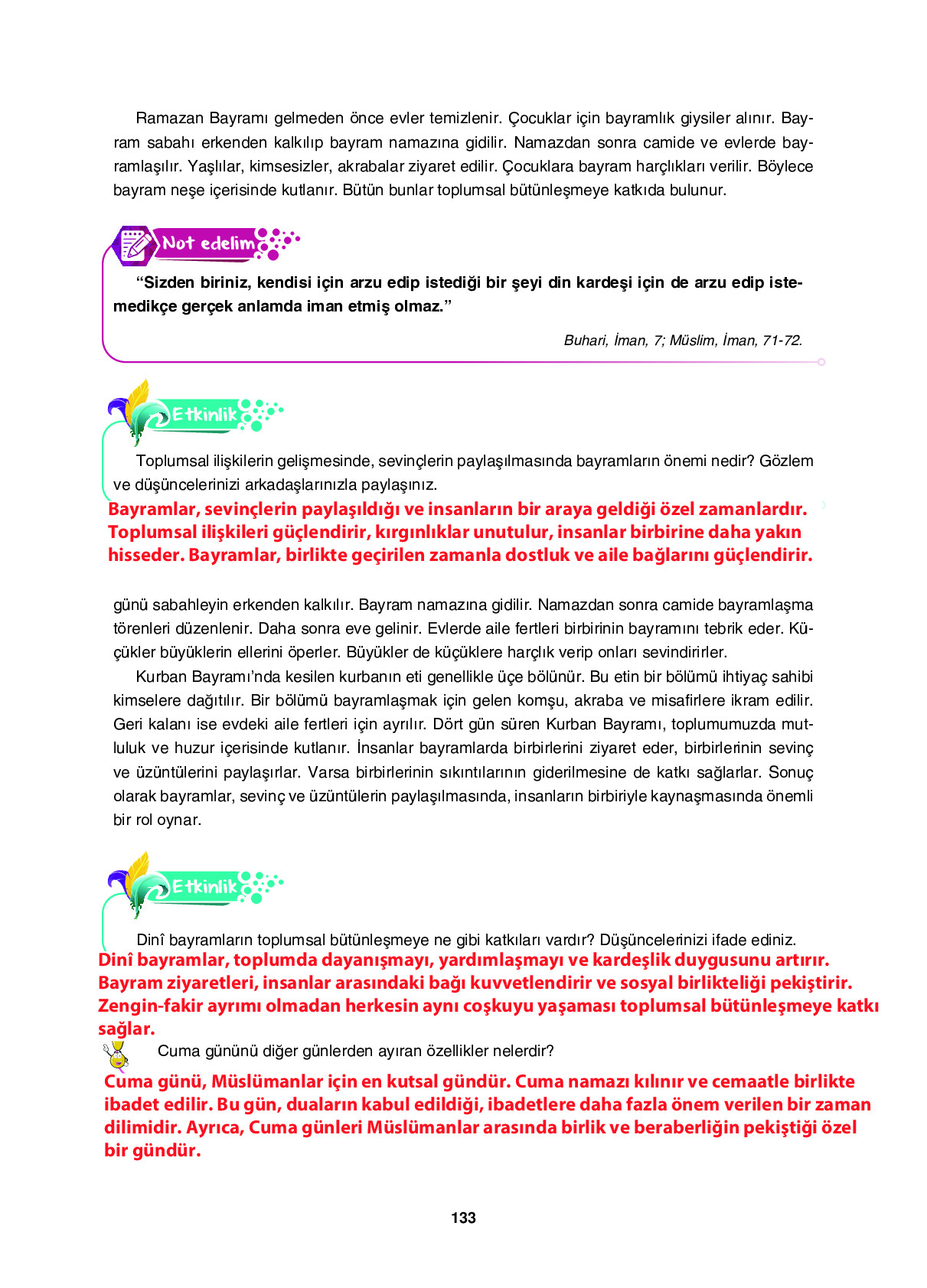 6. Sınıf Sdr İpekyolu Yayıncılık Din Kültürü Ve Ahlak Bilgisi Ders Kitabı Sayfa 133 Cevapları
