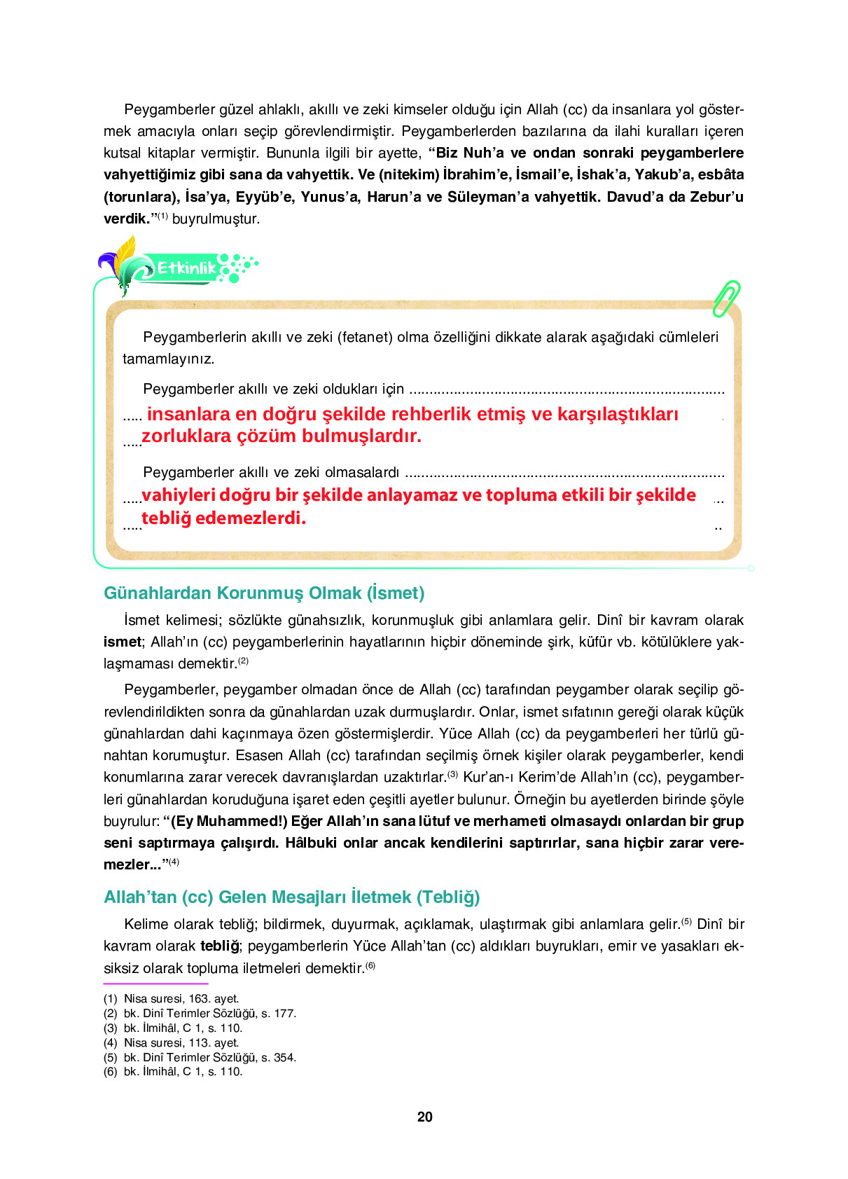 6. Sınıf Sdr İpekyolu Yayıncılık Din Kültürü Ve Ahlak Bilgisi Ders Kitabı Sayfa 20 Cevapları