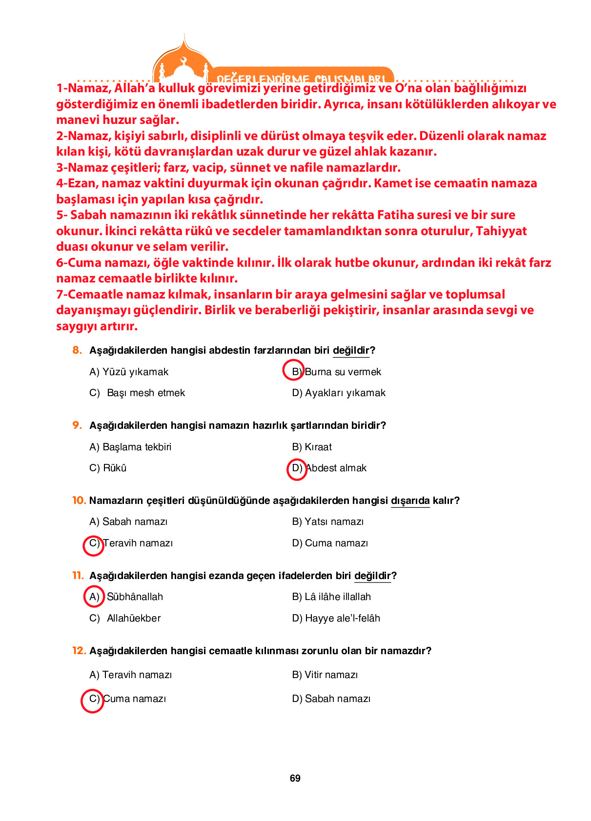 6. Sınıf Sdr İpekyolu Yayıncılık Din Kültürü Ve Ahlak Bilgisi Ders Kitabı Sayfa 69 Cevapları