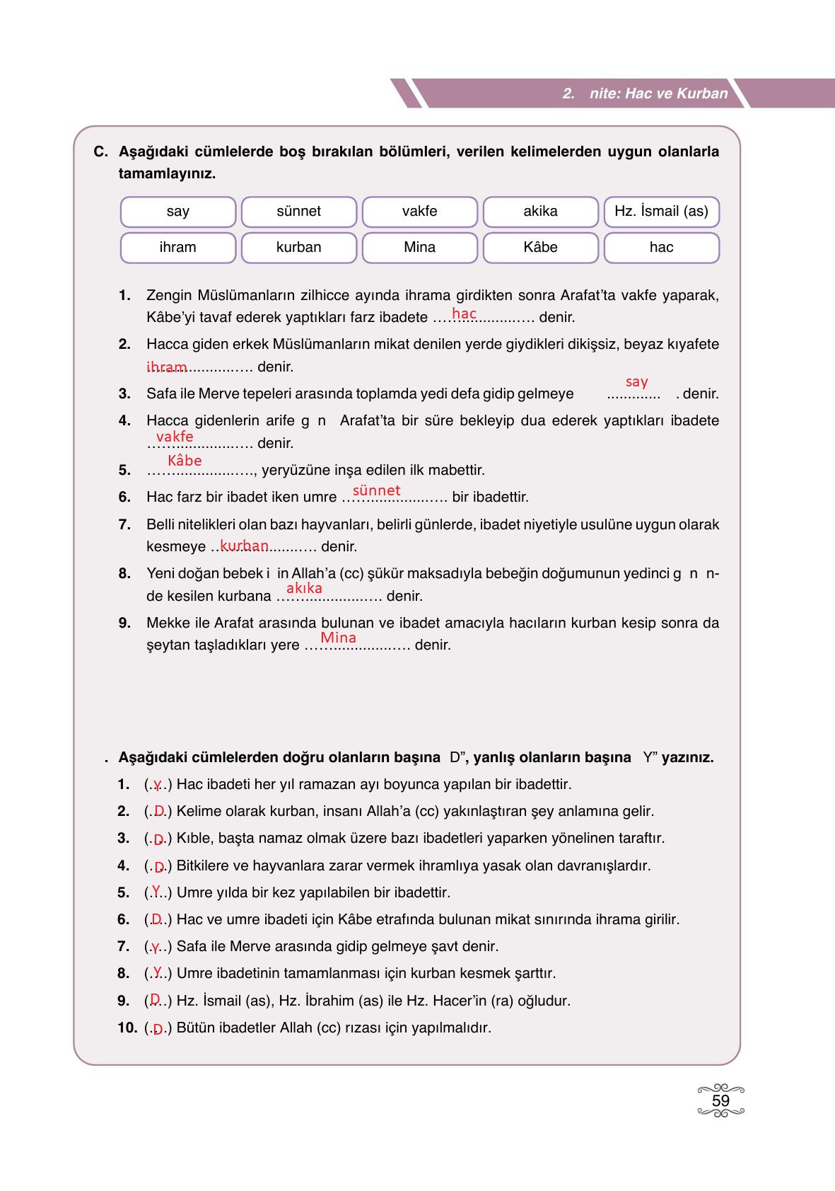 7. Sınıf Erkad Yayıncılık Din Kültürü Ve Ahlak Bilgisi Ders Kitabı Sayfa 59 Cevapları