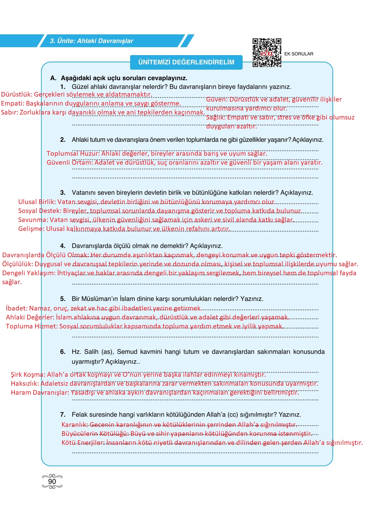 7. Sınıf Erkad Yayıncılık Din Kültürü Ve Ahlak Bilgisi Ders Kitabı Sayfa 90 Cevapları