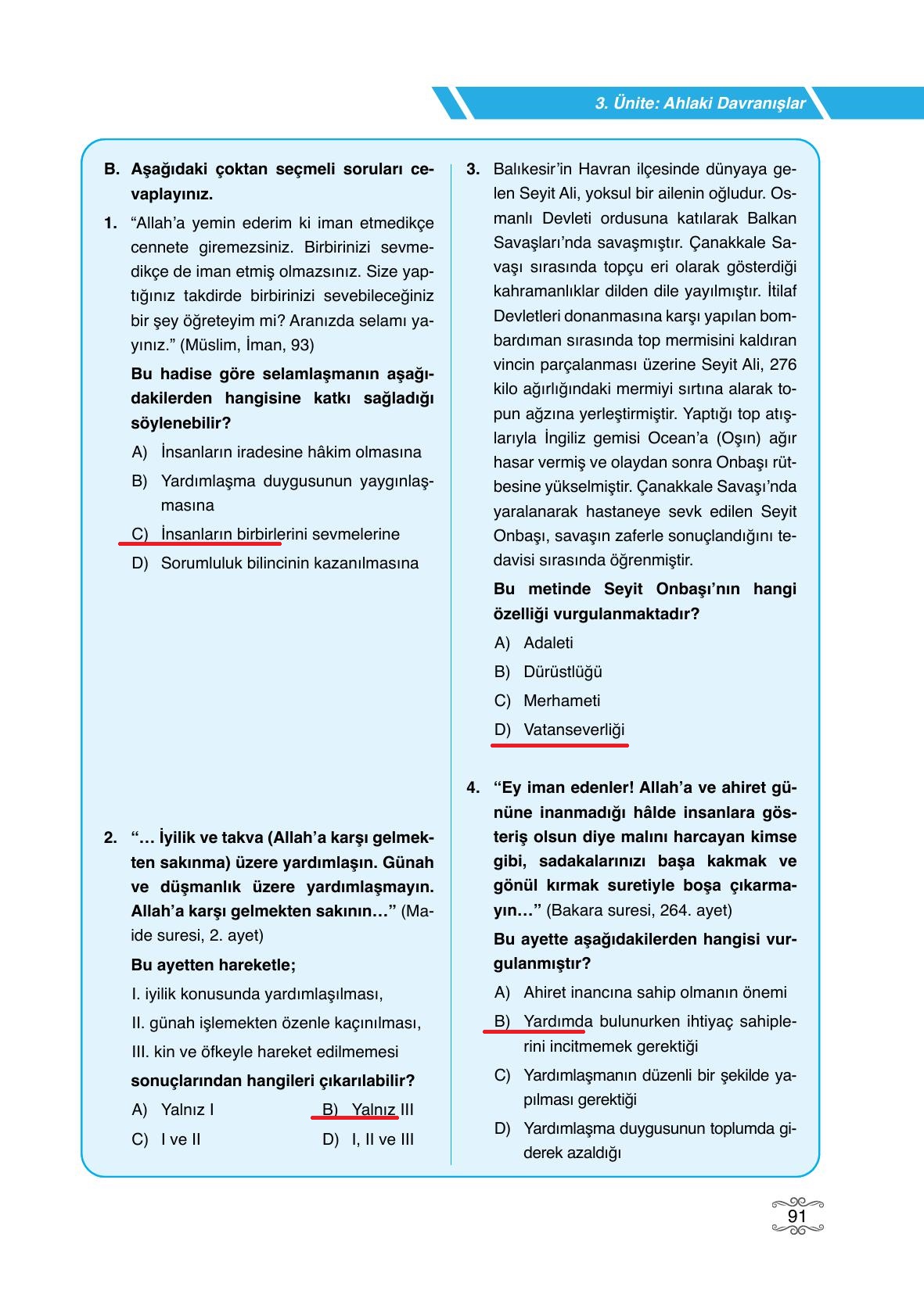 7. Sınıf Erkad Yayıncılık Din Kültürü Ve Ahlak Bilgisi Ders Kitabı Sayfa 91 Cevapları