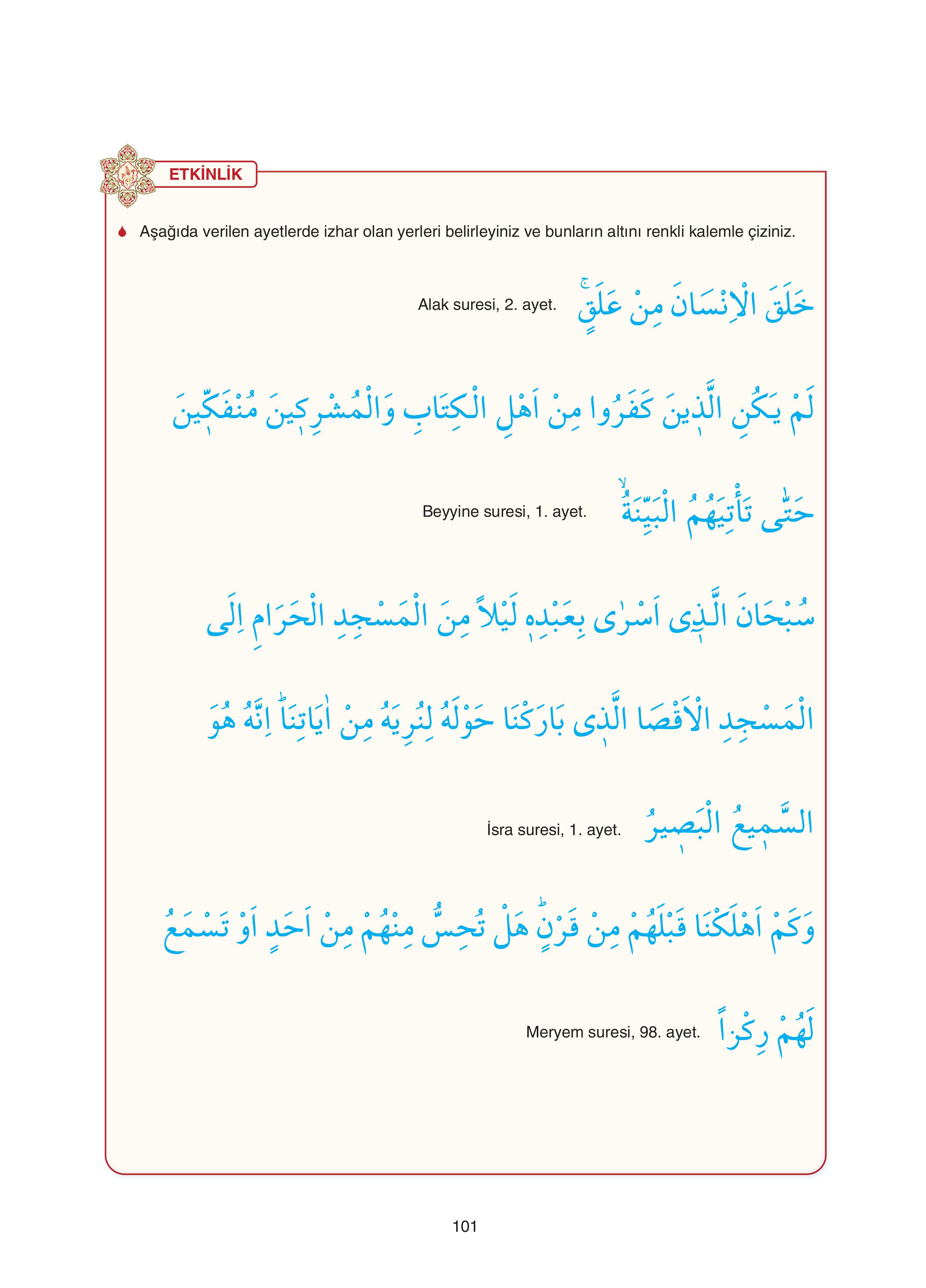 7. Sınıf Sdr Yayıncılık Kuran-ı Kerim Ders Kitabı Sayfa 101 Cevapları