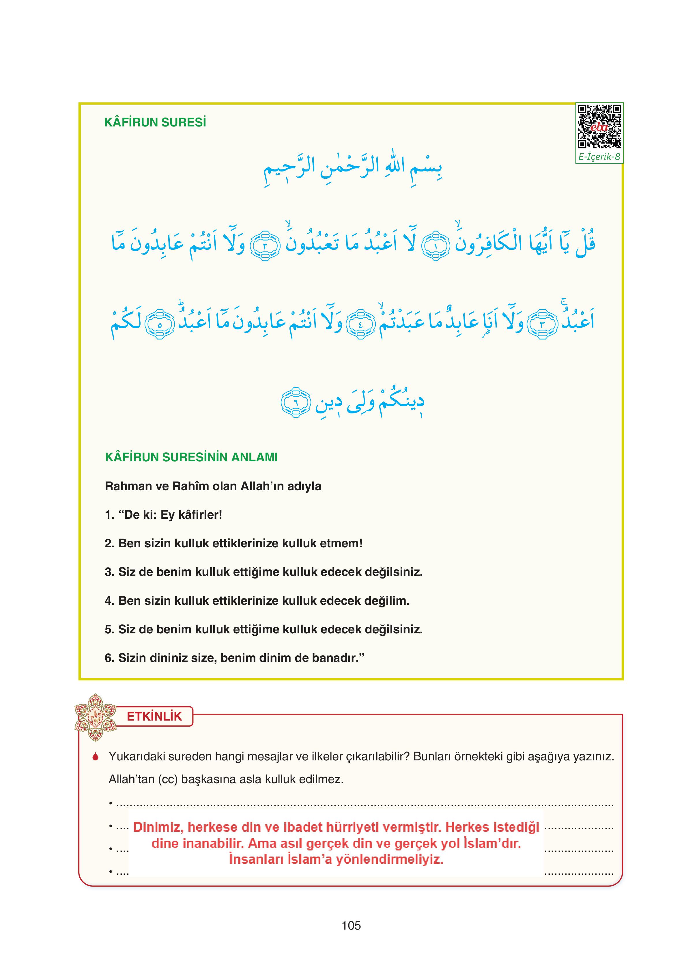 7. Sınıf Sdr Yayıncılık Kuran-ı Kerim Ders Kitabı Sayfa 105 Cevapları