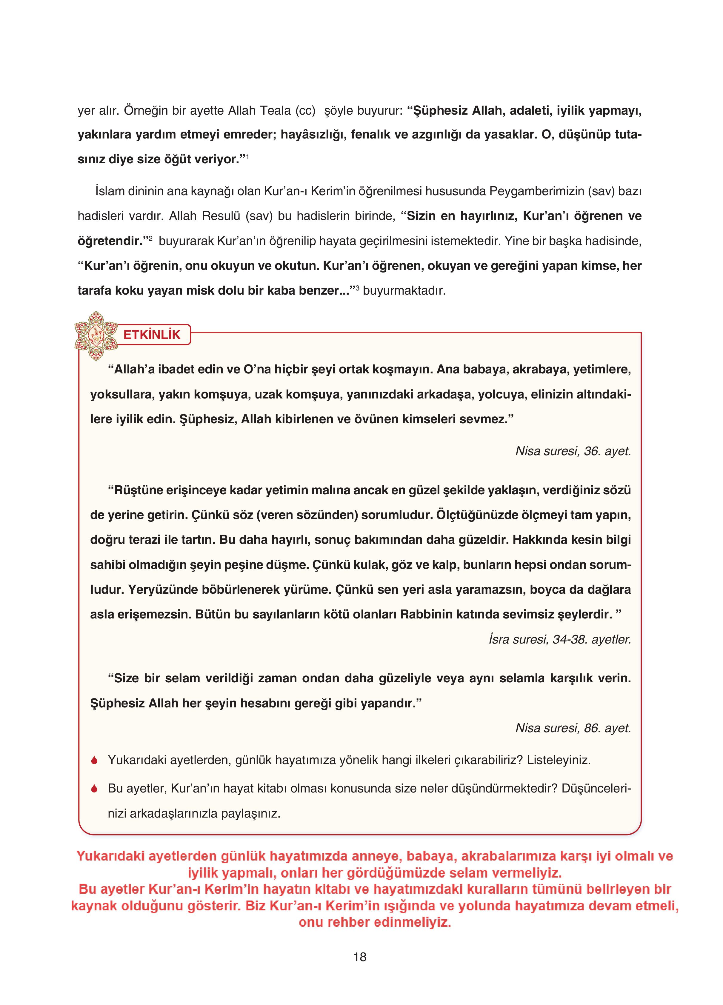 7. Sınıf Sdr Yayıncılık Kuran-ı Kerim Ders Kitabı Sayfa 18 Cevapları