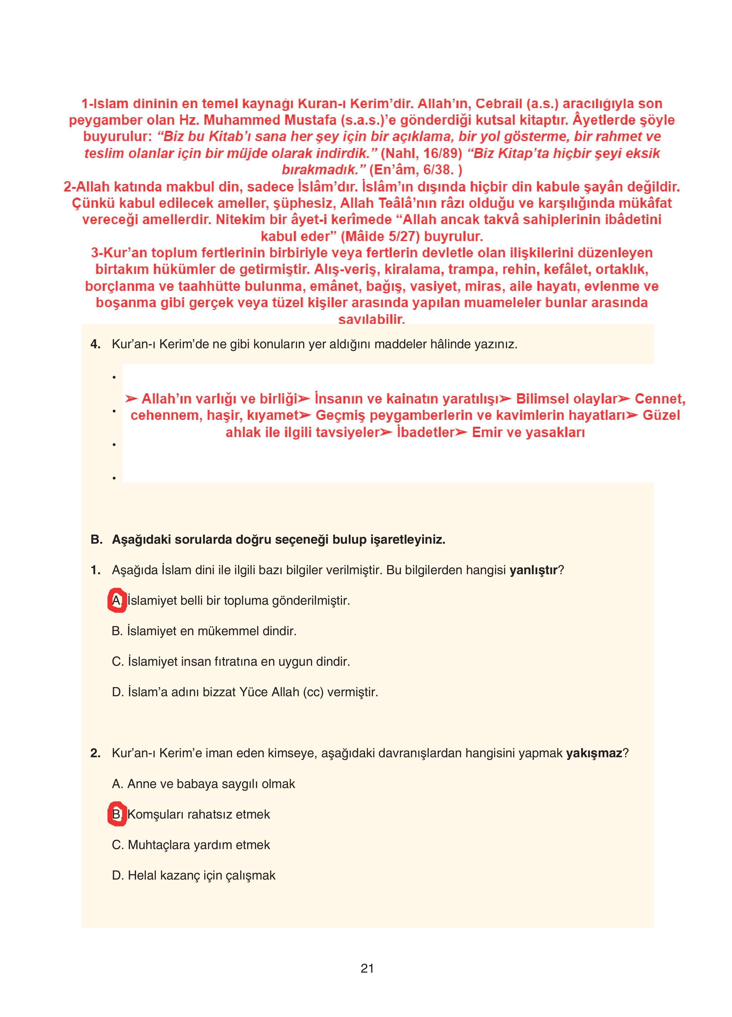 7. Sınıf Sdr Yayıncılık Kuran-ı Kerim Ders Kitabı Sayfa 21 Cevapları