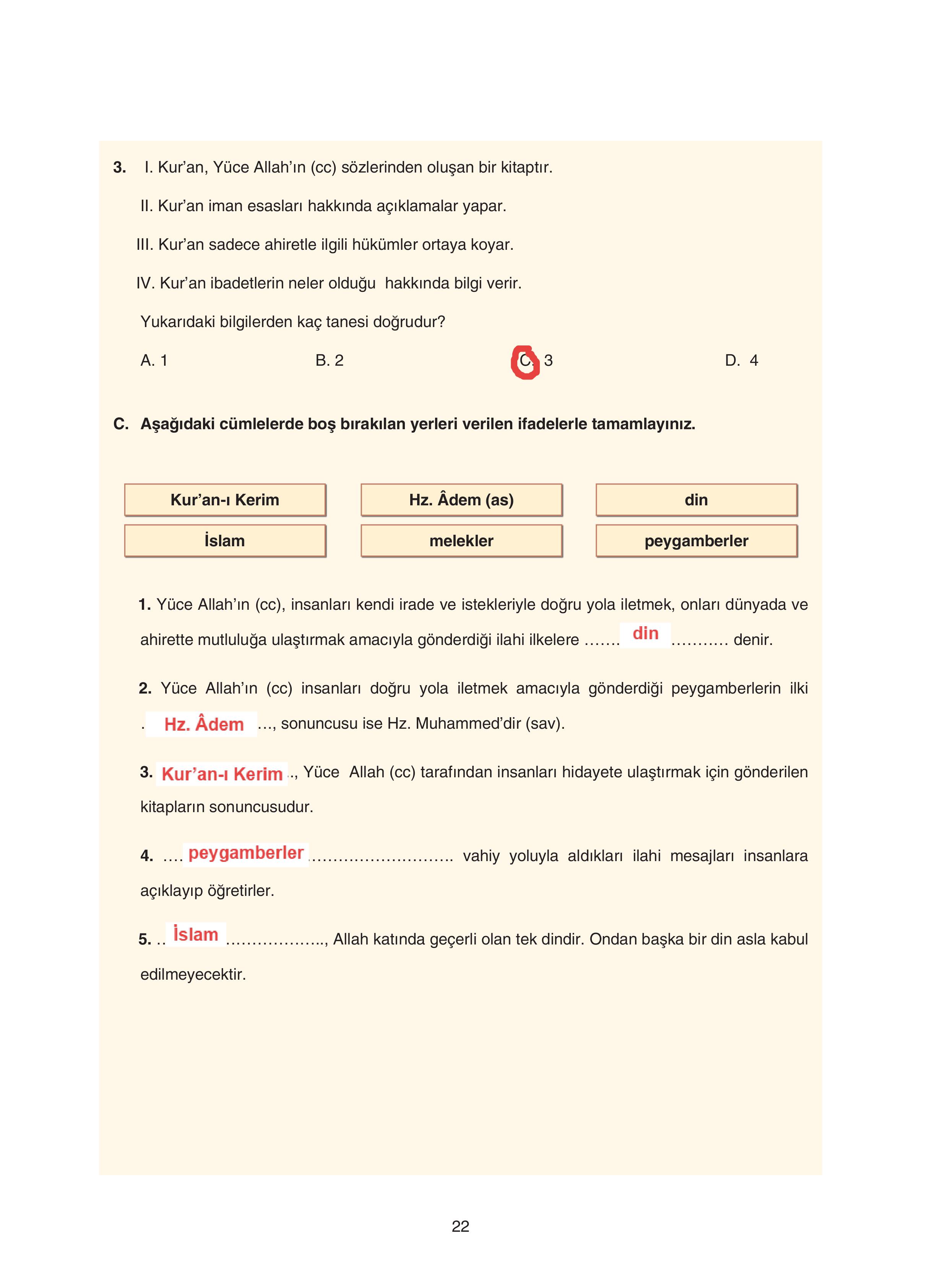7. Sınıf Sdr Yayıncılık Kuran-ı Kerim Ders Kitabı Sayfa 22 Cevapları