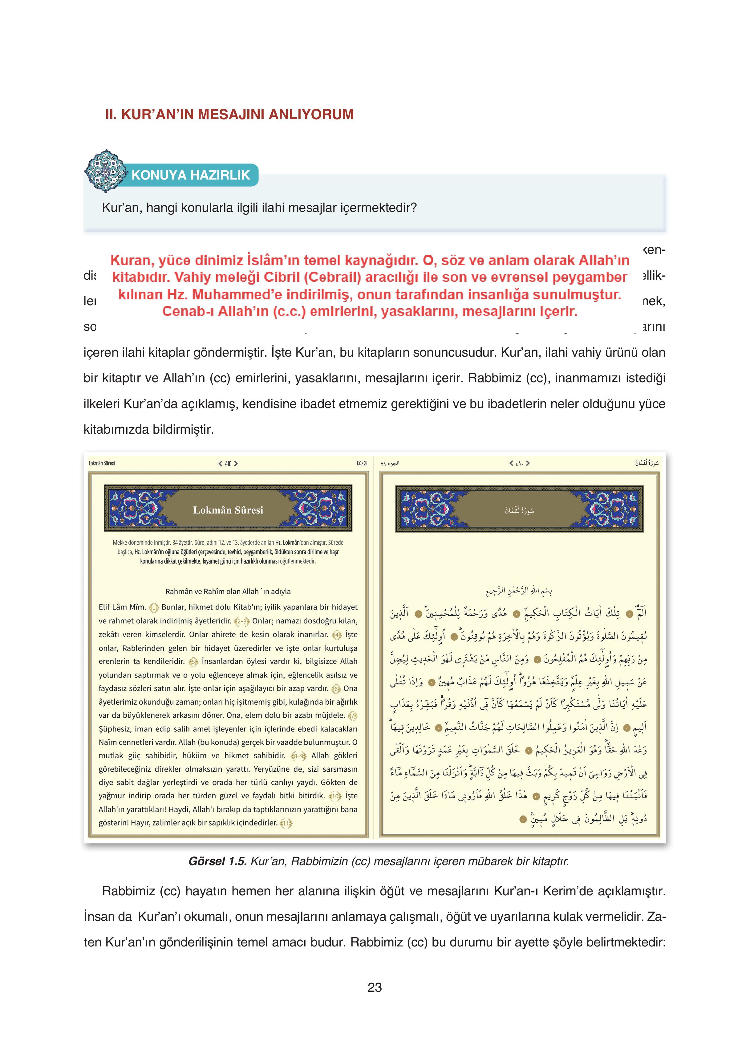 7. Sınıf Sdr Yayıncılık Kuran-ı Kerim Ders Kitabı Sayfa 23 Cevapları