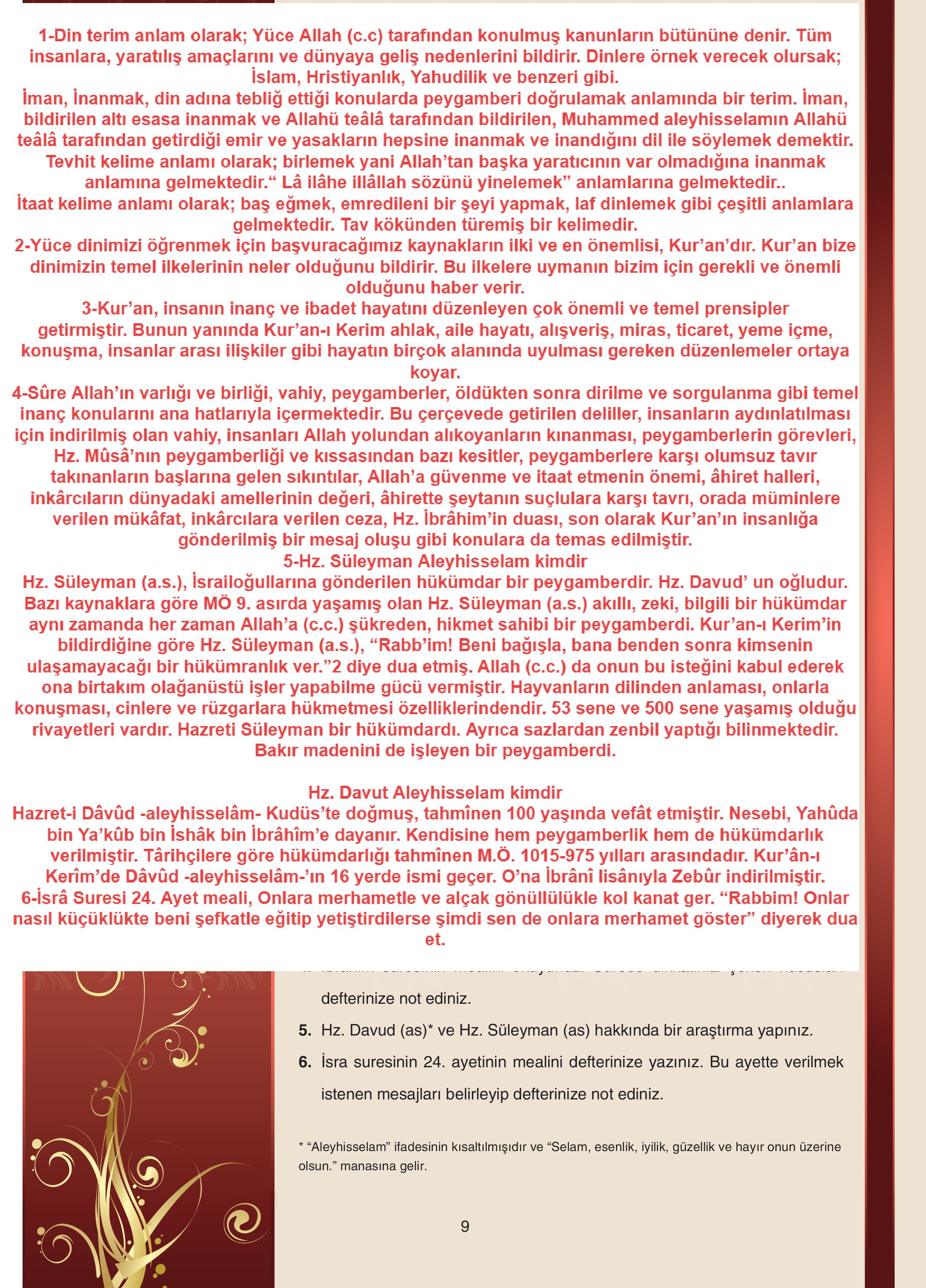 7. Sınıf Sdr Yayıncılık Kuran-ı Kerim Ders Kitabı Sayfa 9 Cevapları