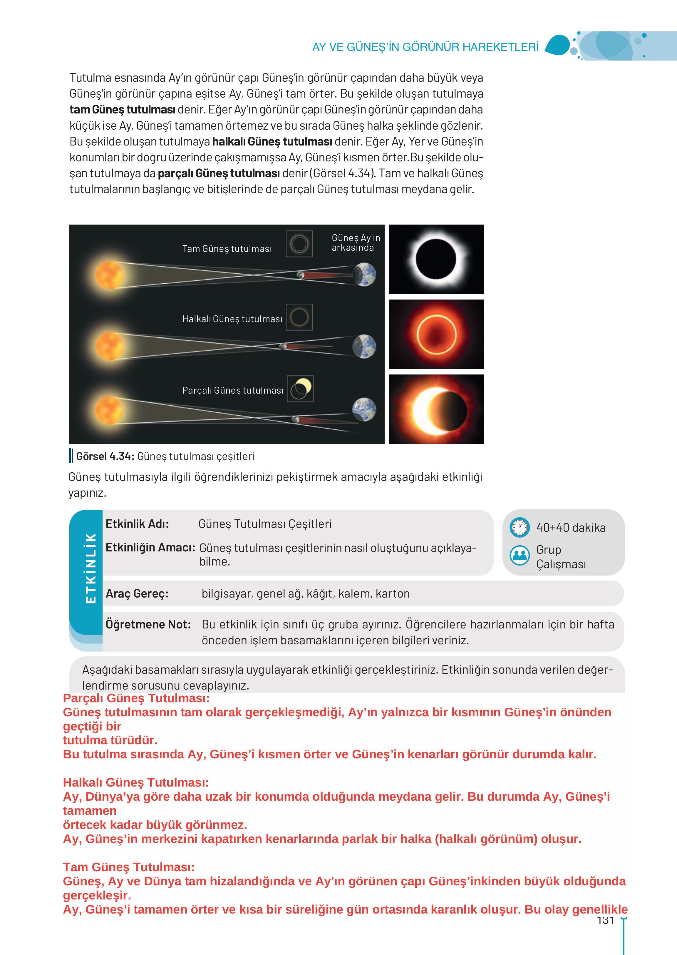 9-10-11-12. Sınıf Meb Yayınları Astronomi Ve Uzay Bilimleri Ders Kitabı Sayfa 131 Cevapları