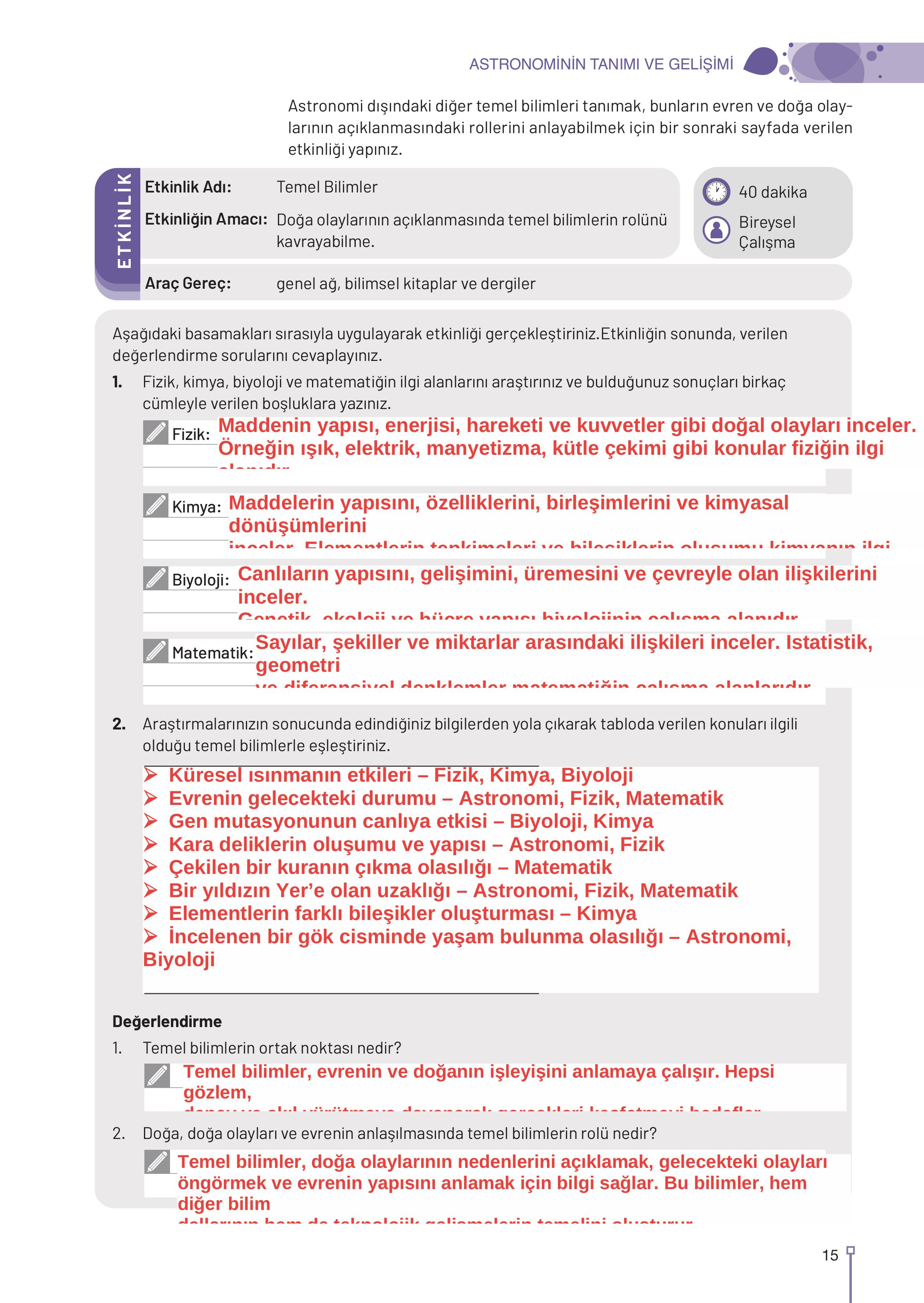 9-10-11-12. Sınıf Meb Yayınları Astronomi Ve Uzay Bilimleri Ders Kitabı Sayfa 15 Cevapları