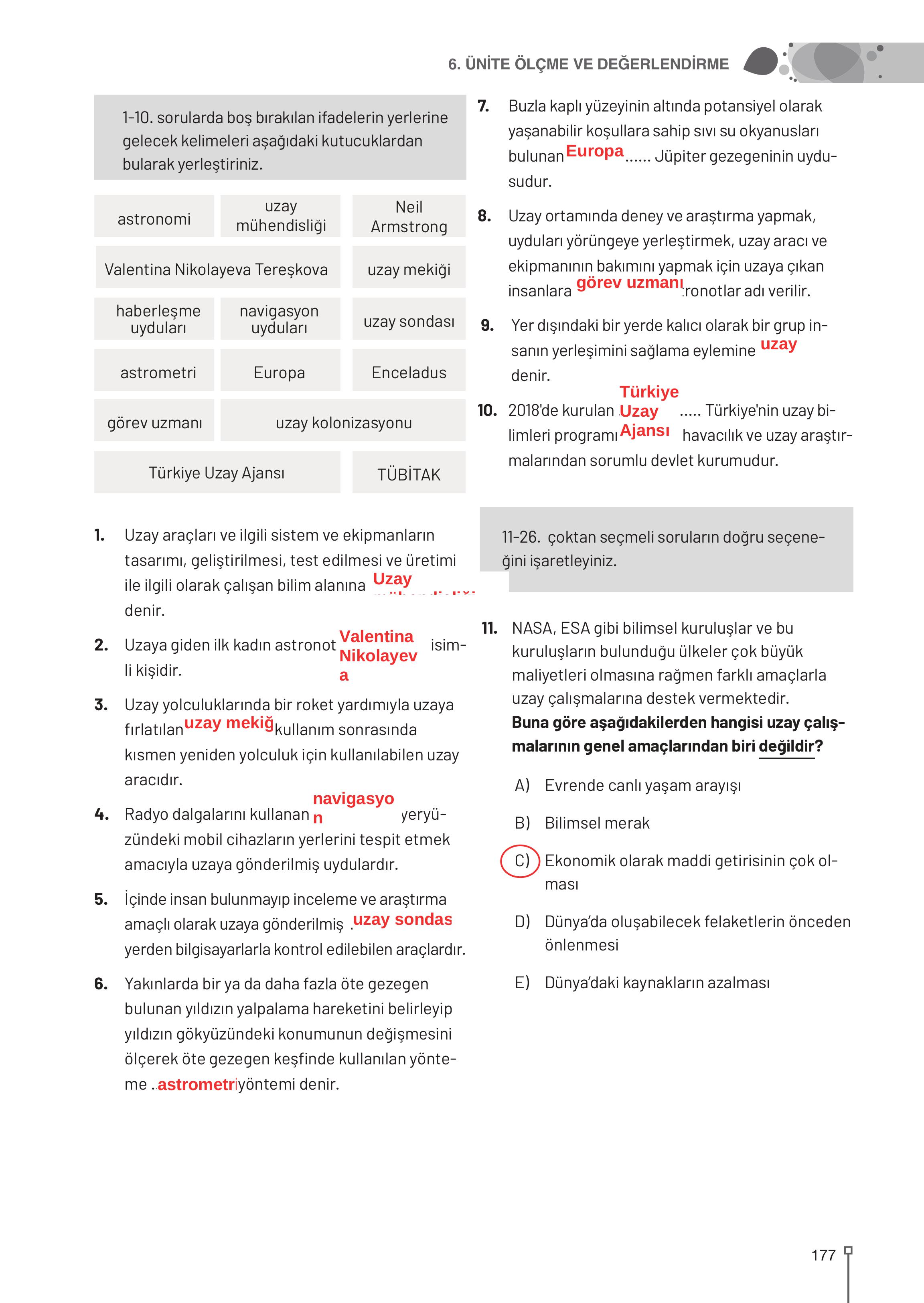 9-10-11-12. Sınıf Meb Yayınları Astronomi Ve Uzay Bilimleri Ders Kitabı Sayfa 177 Cevapları