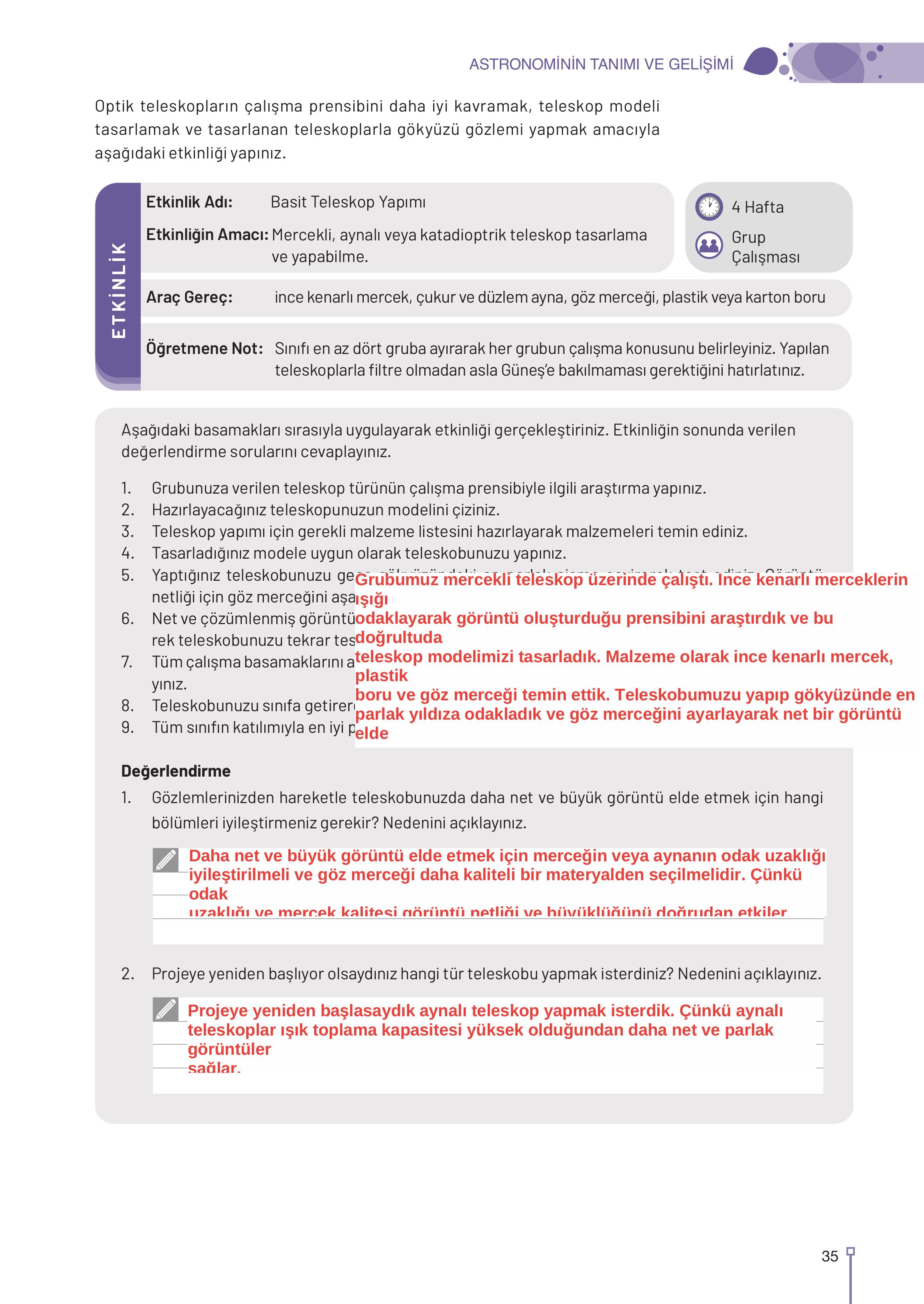 9-10-11-12. Sınıf Meb Yayınları Astronomi Ve Uzay Bilimleri Ders Kitabı Sayfa 35 Cevapları