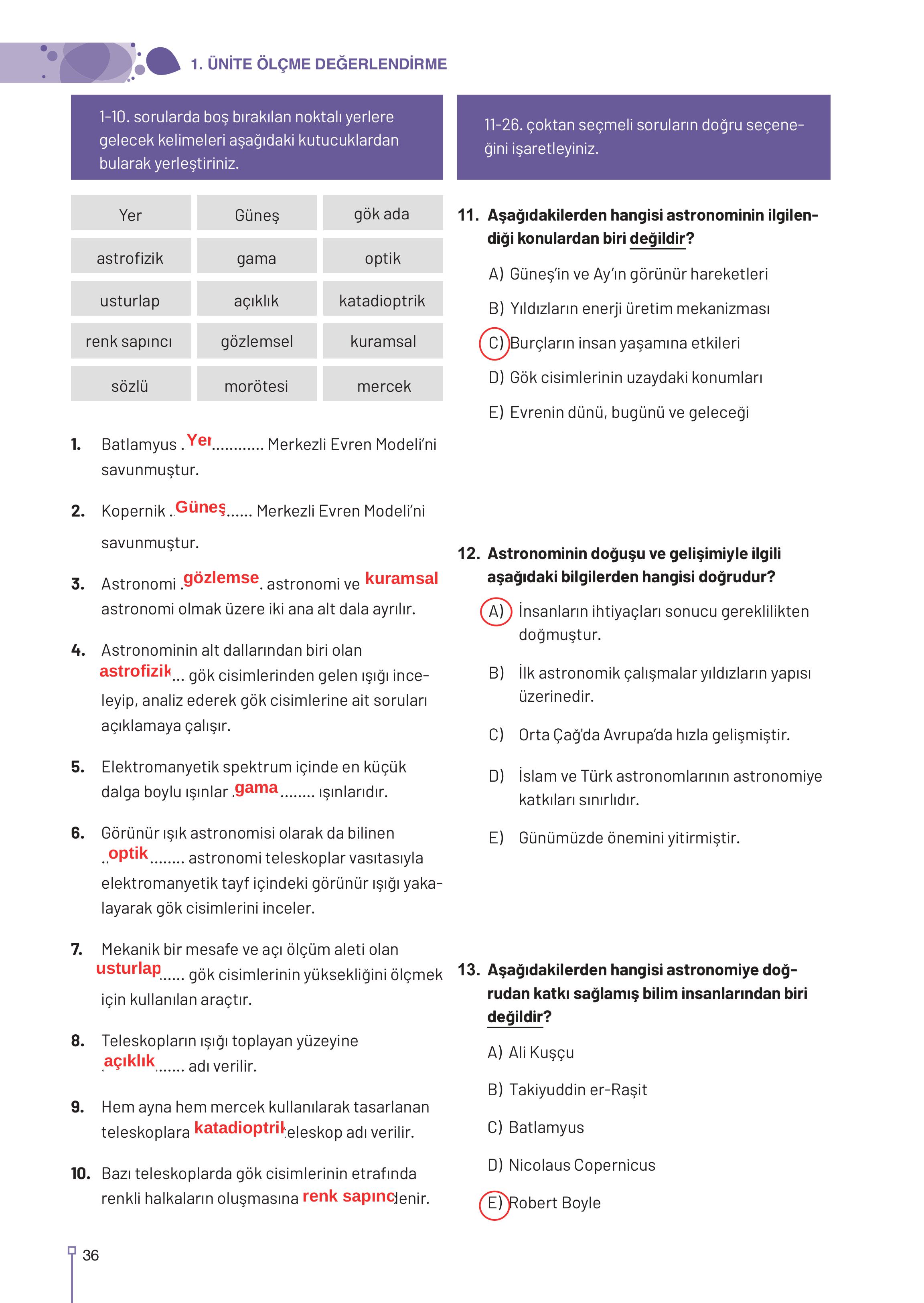 9-10-11-12. Sınıf Meb Yayınları Astronomi Ve Uzay Bilimleri Ders Kitabı Sayfa 36 Cevapları