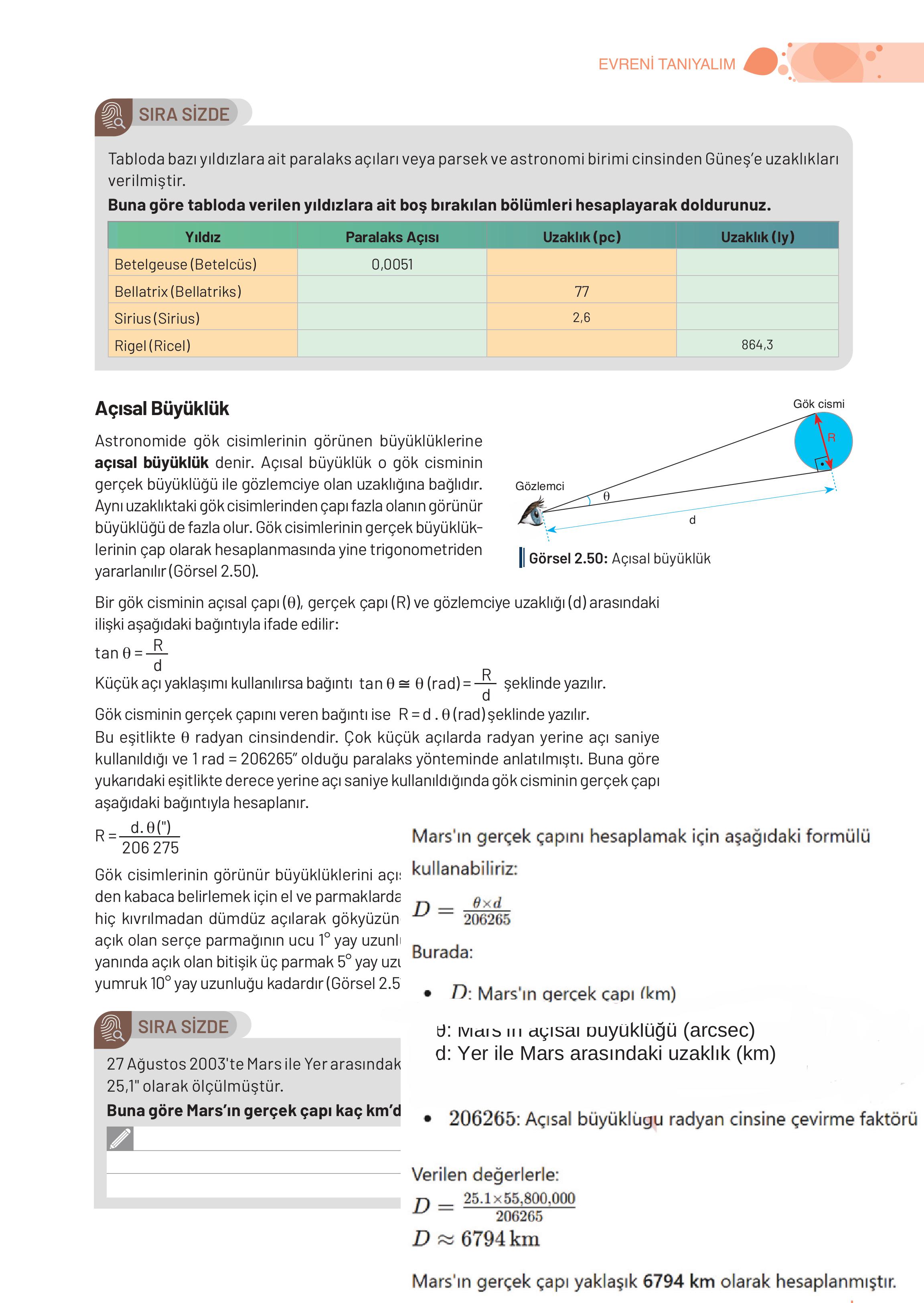 9-10-11-12. Sınıf Meb Yayınları Astronomi Ve Uzay Bilimleri Ders Kitabı Sayfa 73 Cevapları