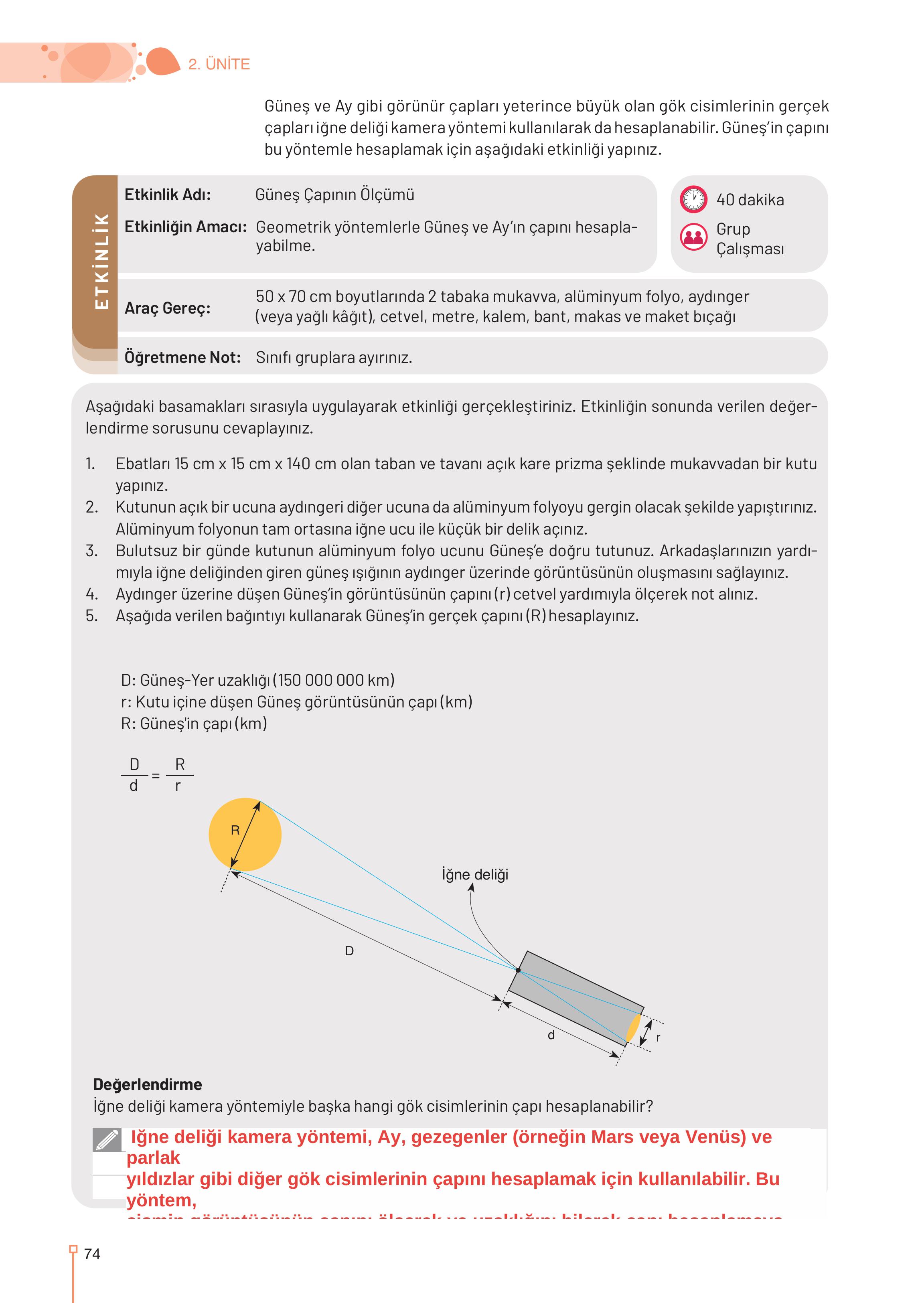 9-10-11-12. Sınıf Meb Yayınları Astronomi Ve Uzay Bilimleri Ders Kitabı Sayfa 74 Cevapları