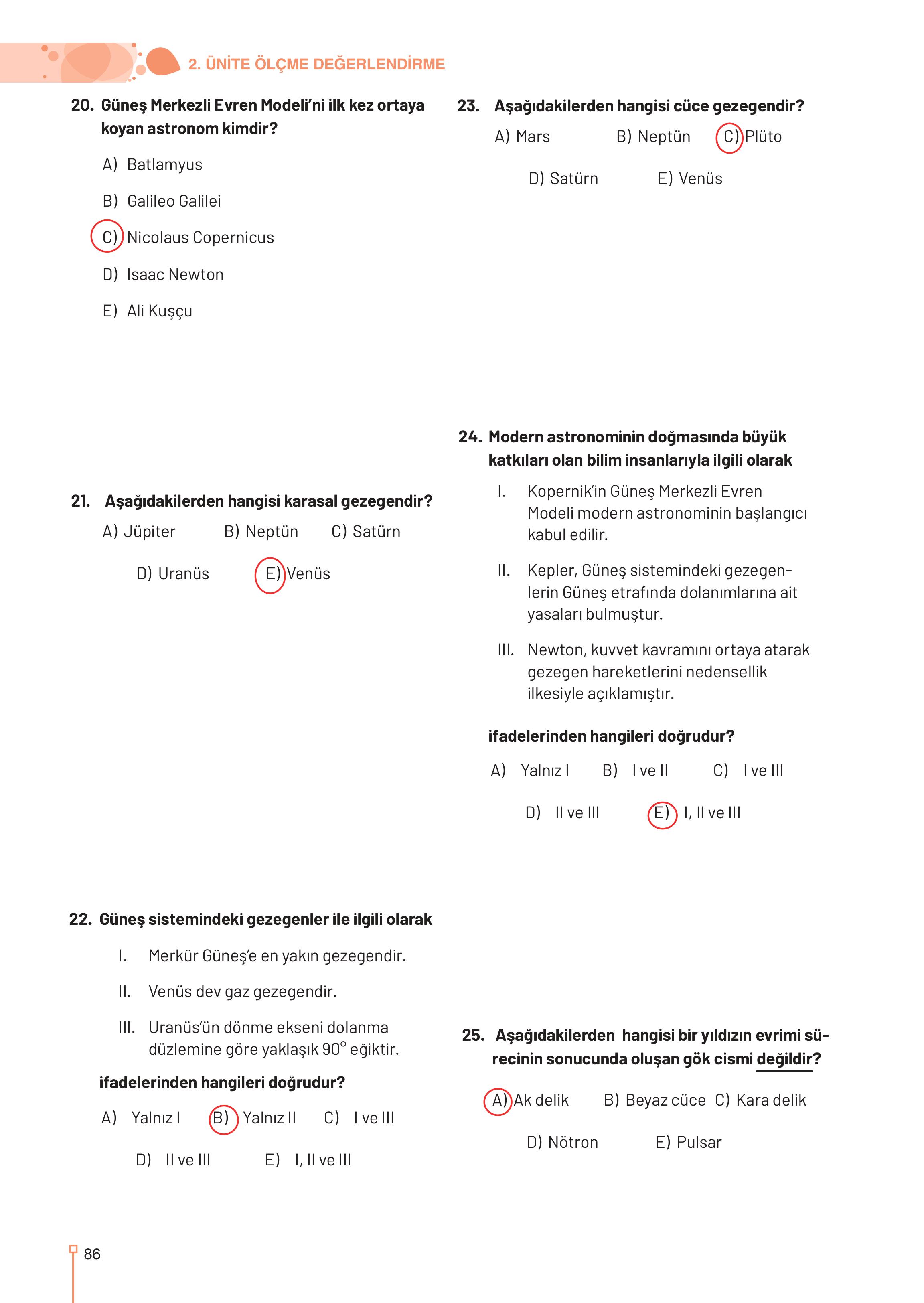 9-10-11-12. Sınıf Meb Yayınları Astronomi Ve Uzay Bilimleri Ders Kitabı Sayfa 86 Cevapları