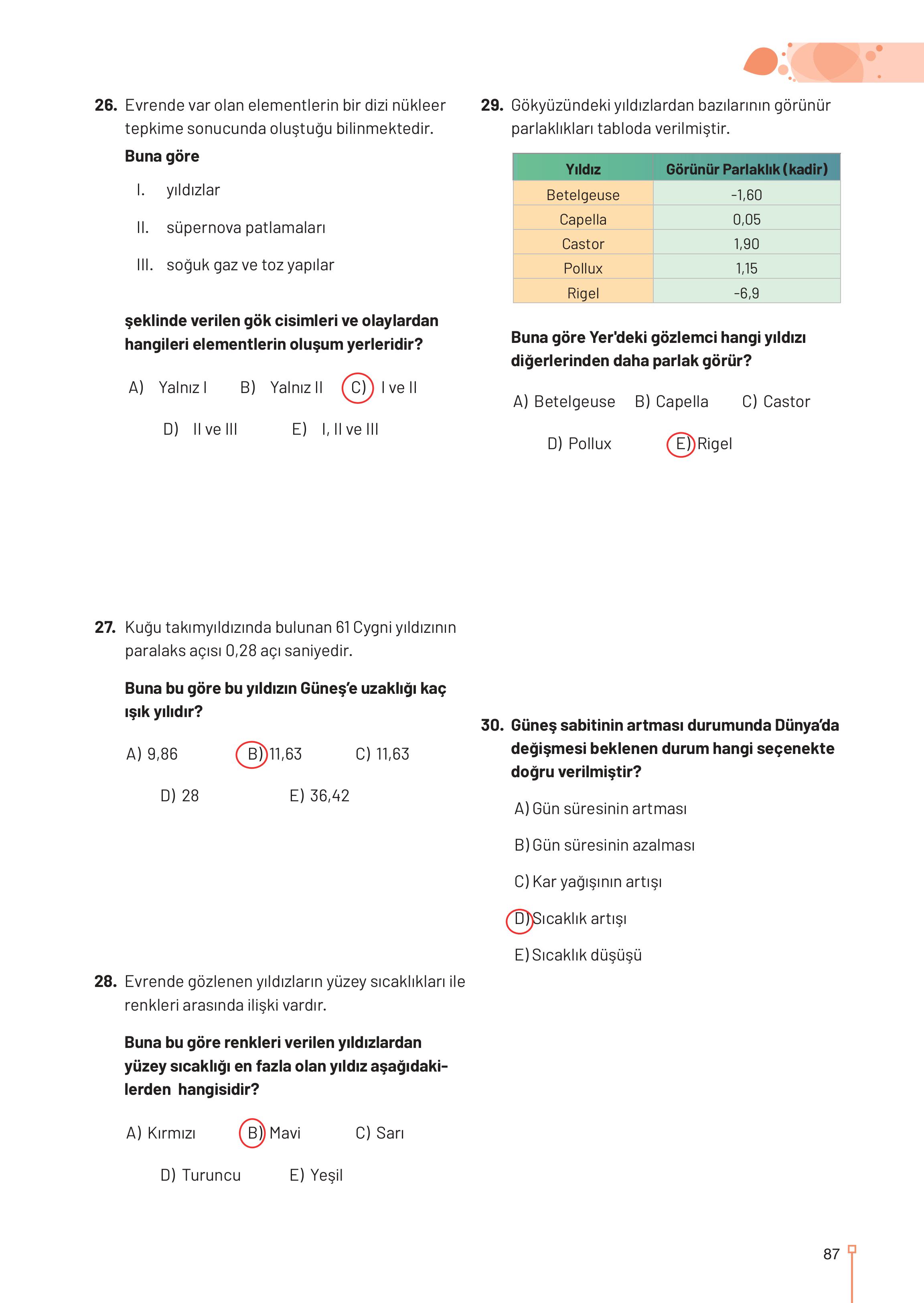 9-10-11-12. Sınıf Meb Yayınları Astronomi Ve Uzay Bilimleri Ders Kitabı Sayfa 87 Cevapları
