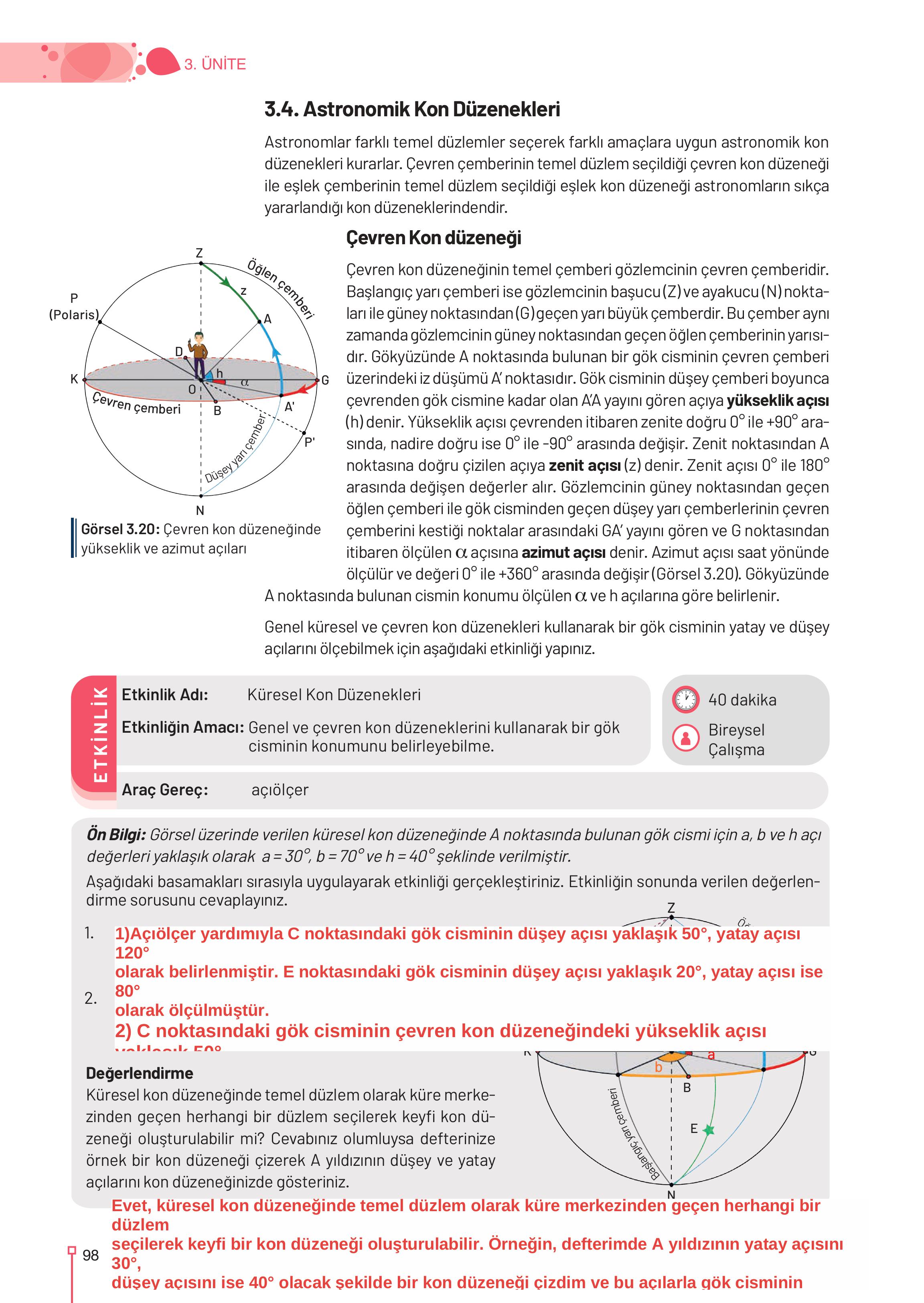 9-10-11-12. Sınıf Meb Yayınları Astronomi Ve Uzay Bilimleri Ders Kitabı Sayfa 98 Cevapları