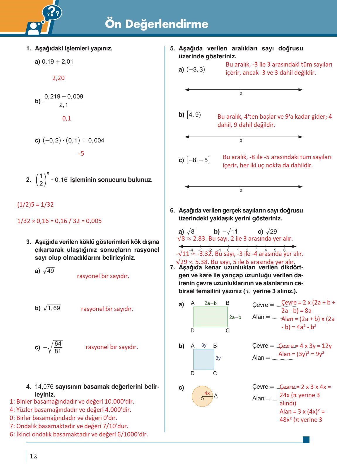9. Sınıf Meb Yayınları Matematik Ders Kitabı 1. Kitap Sayfa 12 Cevapları
