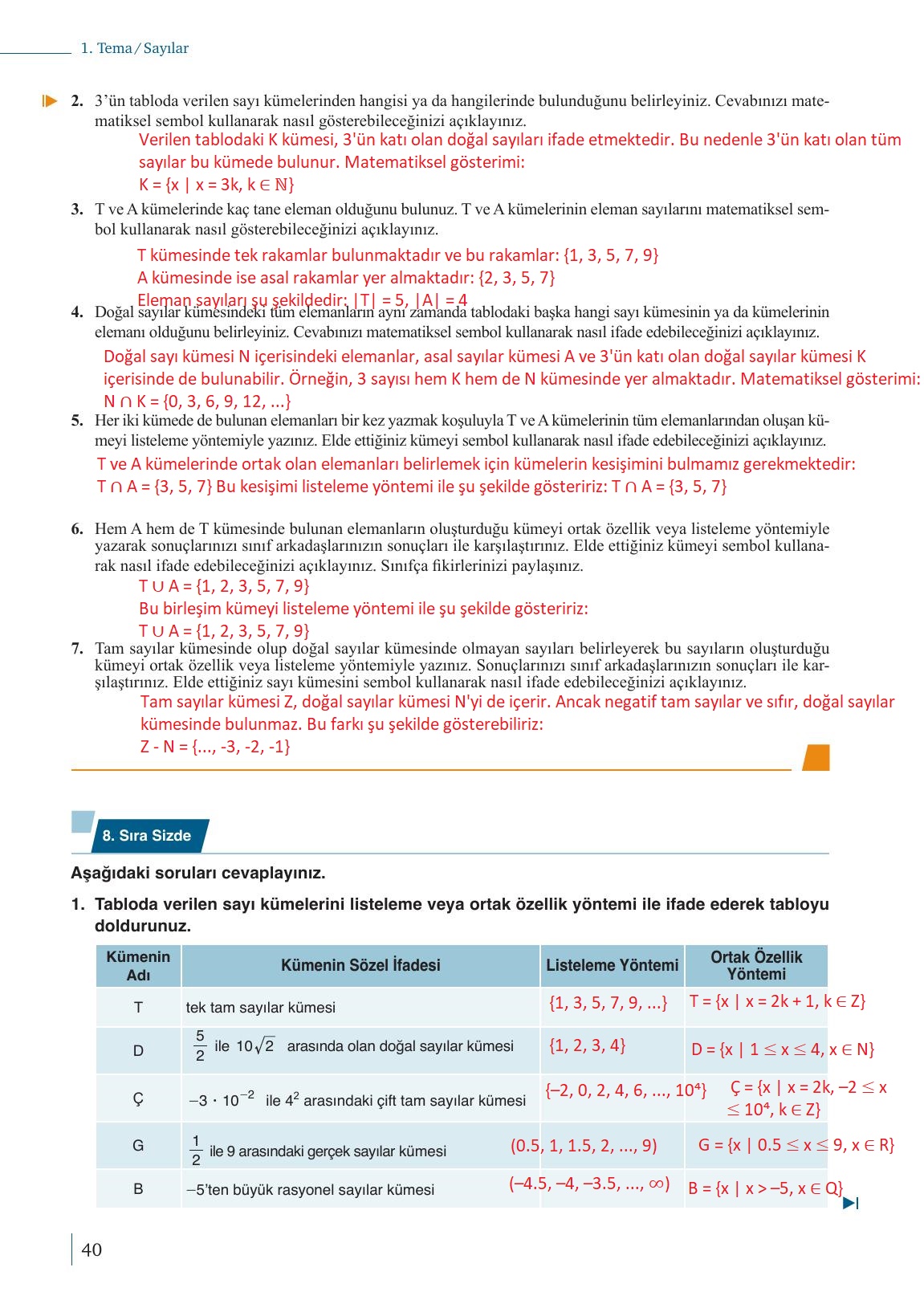 9. Sınıf Meb Yayınları Matematik Ders Kitabı 1. Kitap Sayfa 40 Cevapları