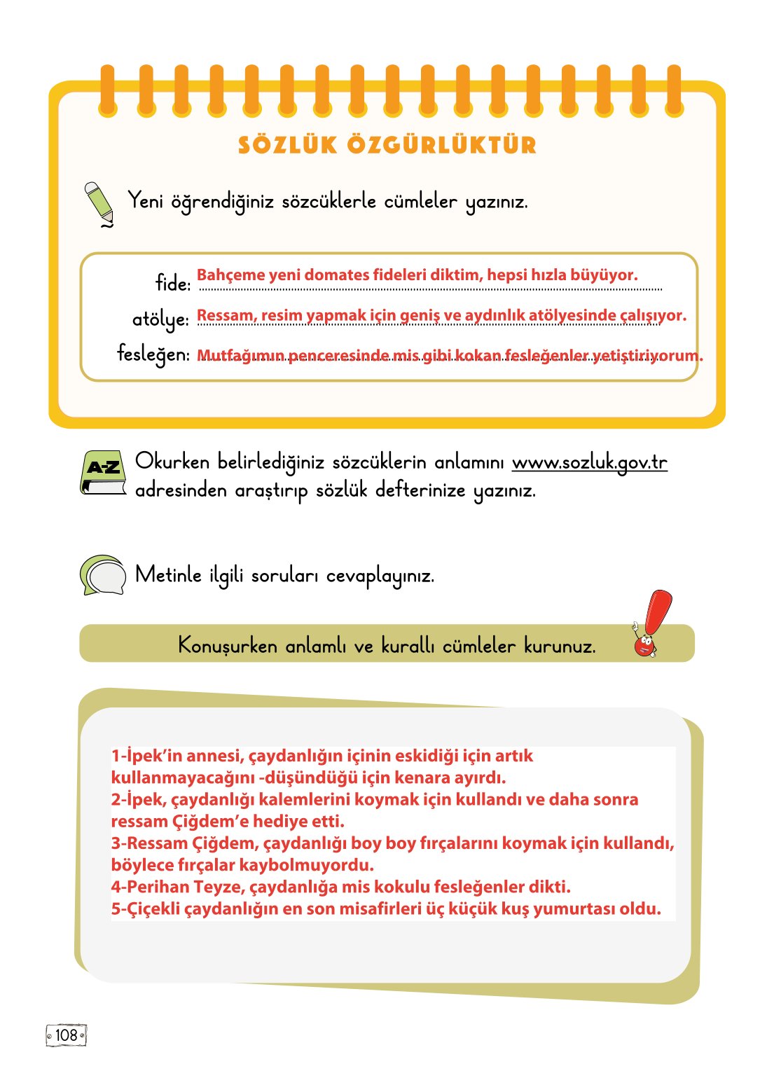 2. Sınıf Türkçe 1. Kitap Meb Yayınları Ders Kitabı Sayfa 108 Cevapları