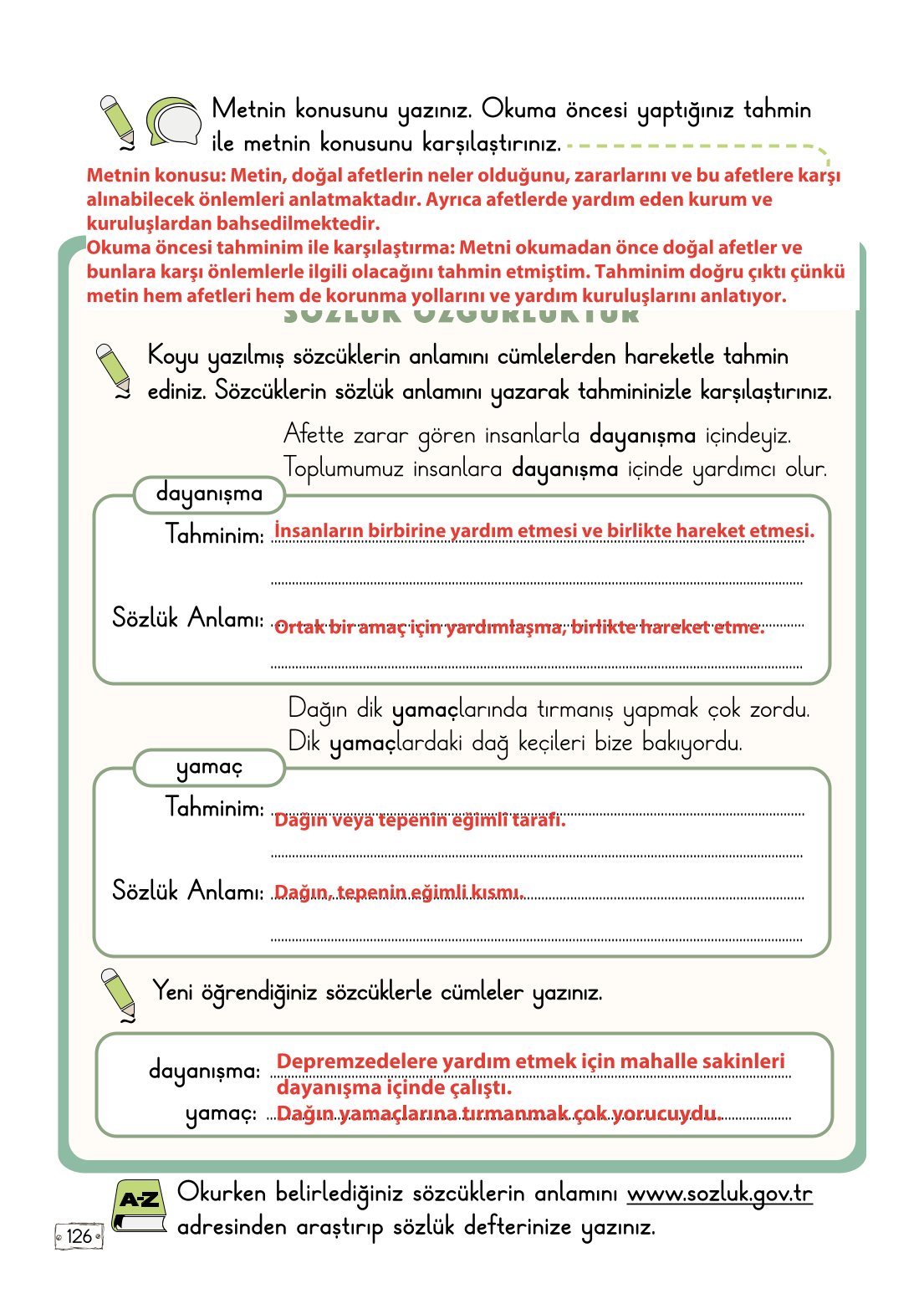 2. Sınıf Türkçe 1. Kitap Meb Yayınları Ders Kitabı Sayfa 126 Cevapları
