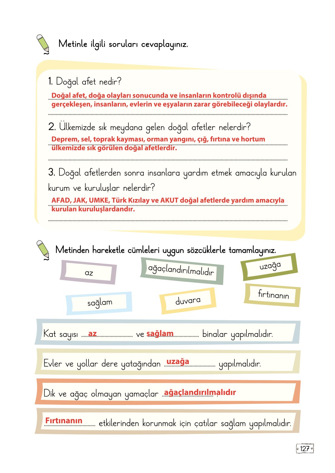 2. Sınıf Türkçe 1. Kitap Meb Yayınları Ders Kitabı Sayfa 127 Cevapları