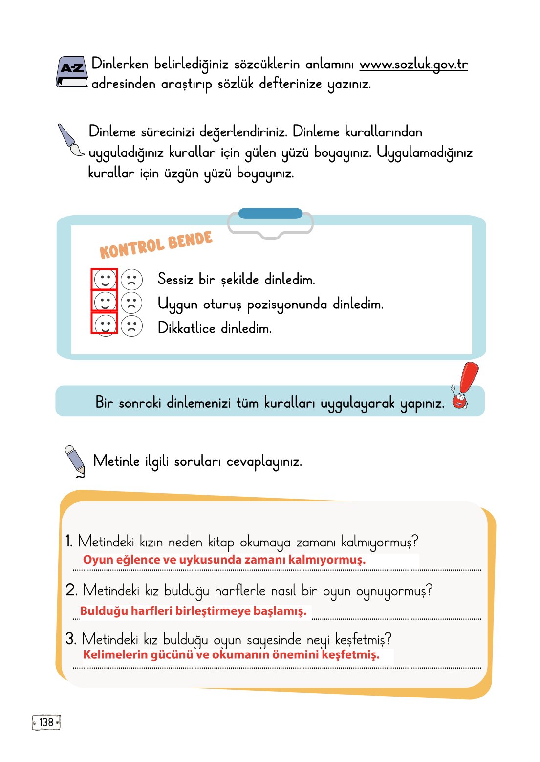 2. Sınıf Türkçe 1. Kitap Meb Yayınları Ders Kitabı Sayfa 138 Cevapları