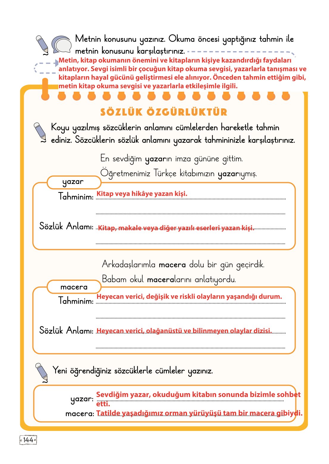 2. Sınıf Türkçe 1. Kitap Meb Yayınları Ders Kitabı Sayfa 144 Cevapları
