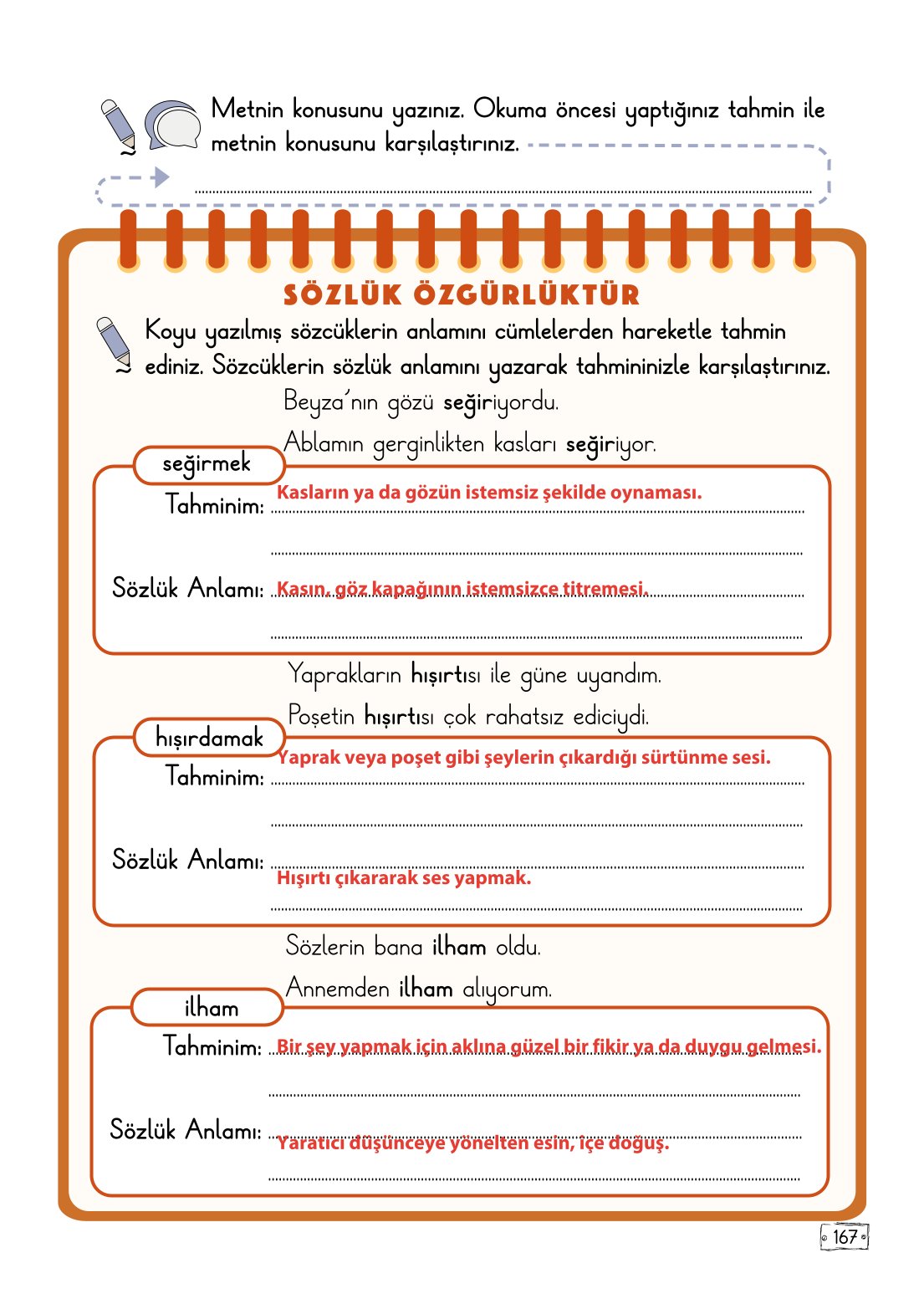 2. Sınıf Türkçe 1. Kitap Meb Yayınları Ders Kitabı Sayfa 167 Cevapları