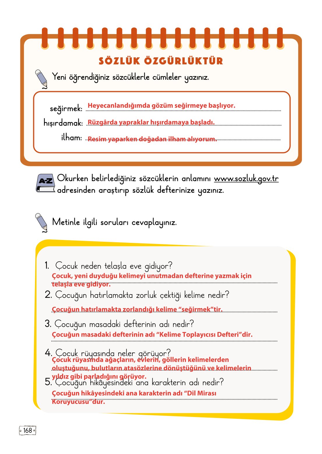 2. Sınıf Türkçe 1. Kitap Meb Yayınları Ders Kitabı Sayfa 168 Cevapları