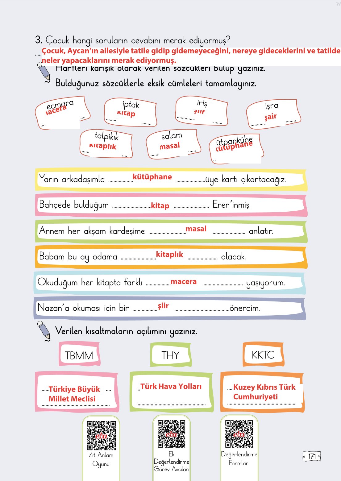 2. Sınıf Türkçe 1. Kitap Meb Yayınları Ders Kitabı Sayfa 171 Cevapları
