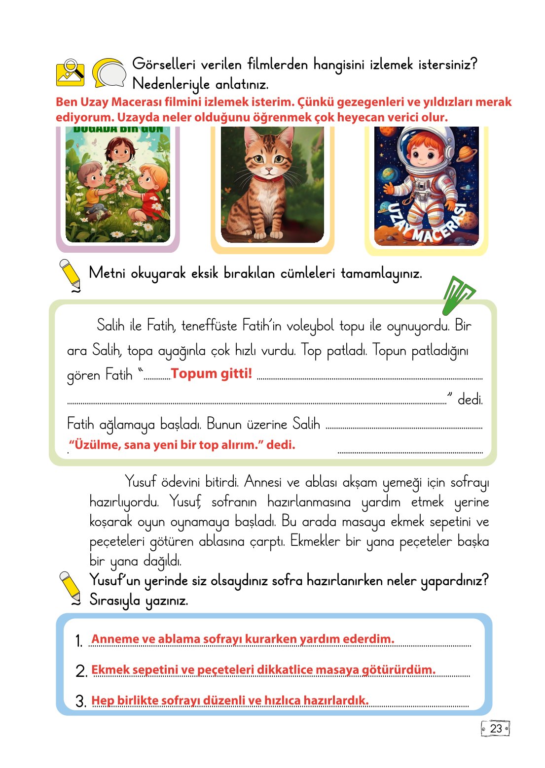 2. Sınıf Türkçe 1. Kitap Meb Yayınları Ders Kitabı Sayfa 23 Cevapları